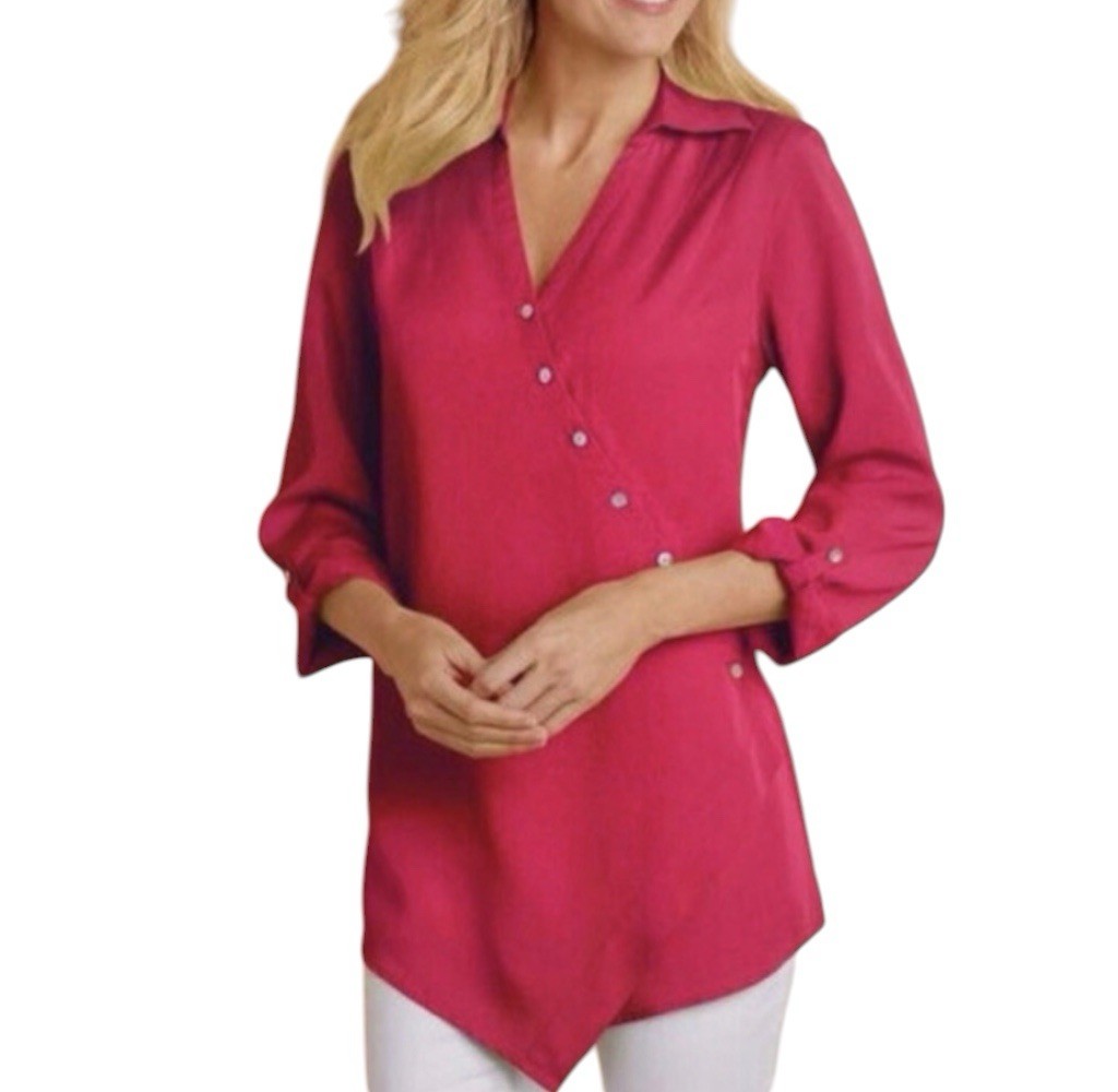 Soft Surroundings Washed Magenta Asymmetrical Collared Button Front Tunic