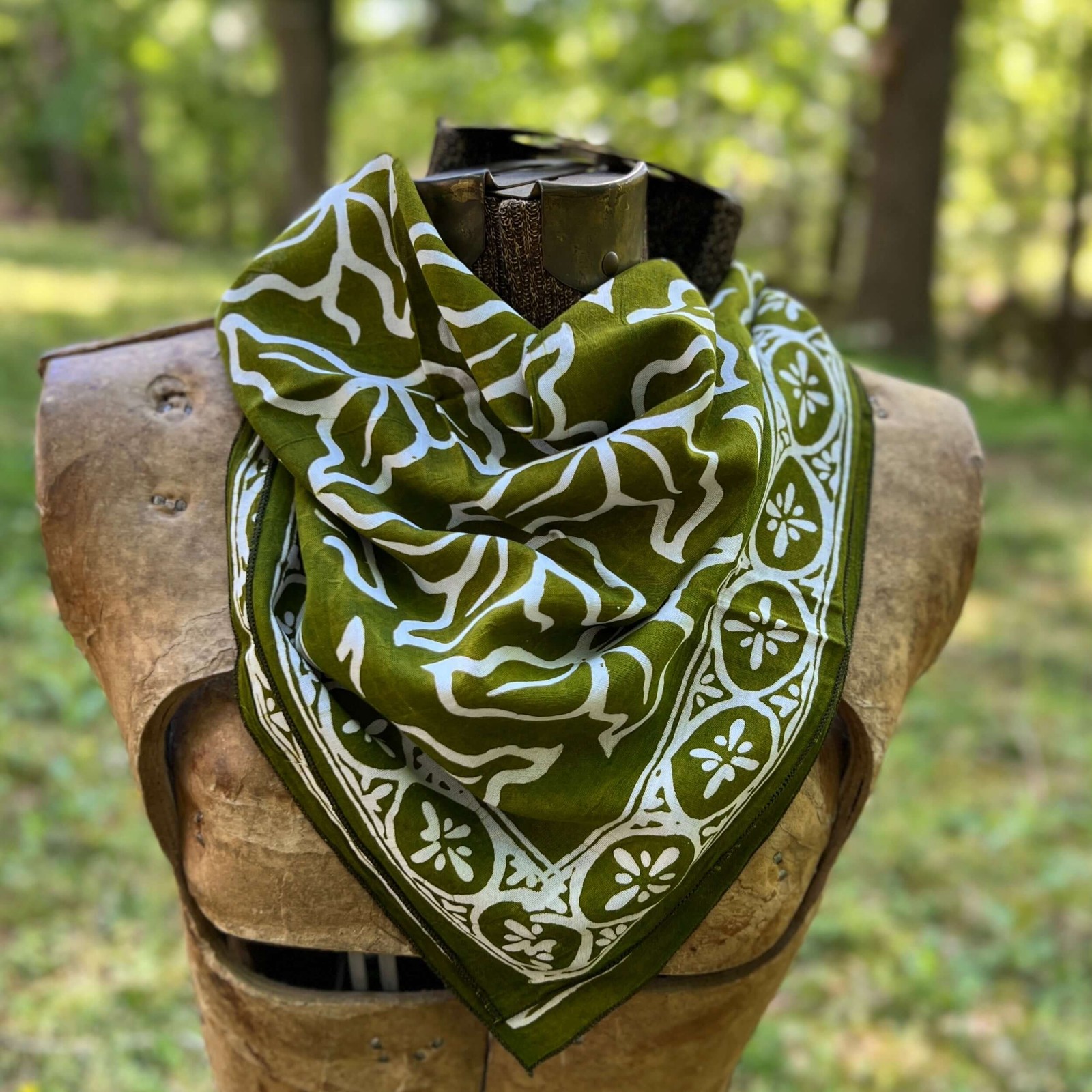 Hand Dyed Batik Bandana, 100% Soft Cotton, Jade Jungle in Olive