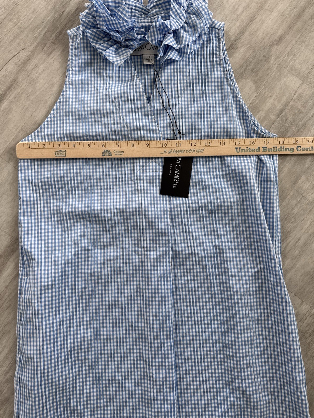 Womens Sara Campbell Aline Ruffle Neck Sleeveless Dress NWT BlueWhite Gingham XS