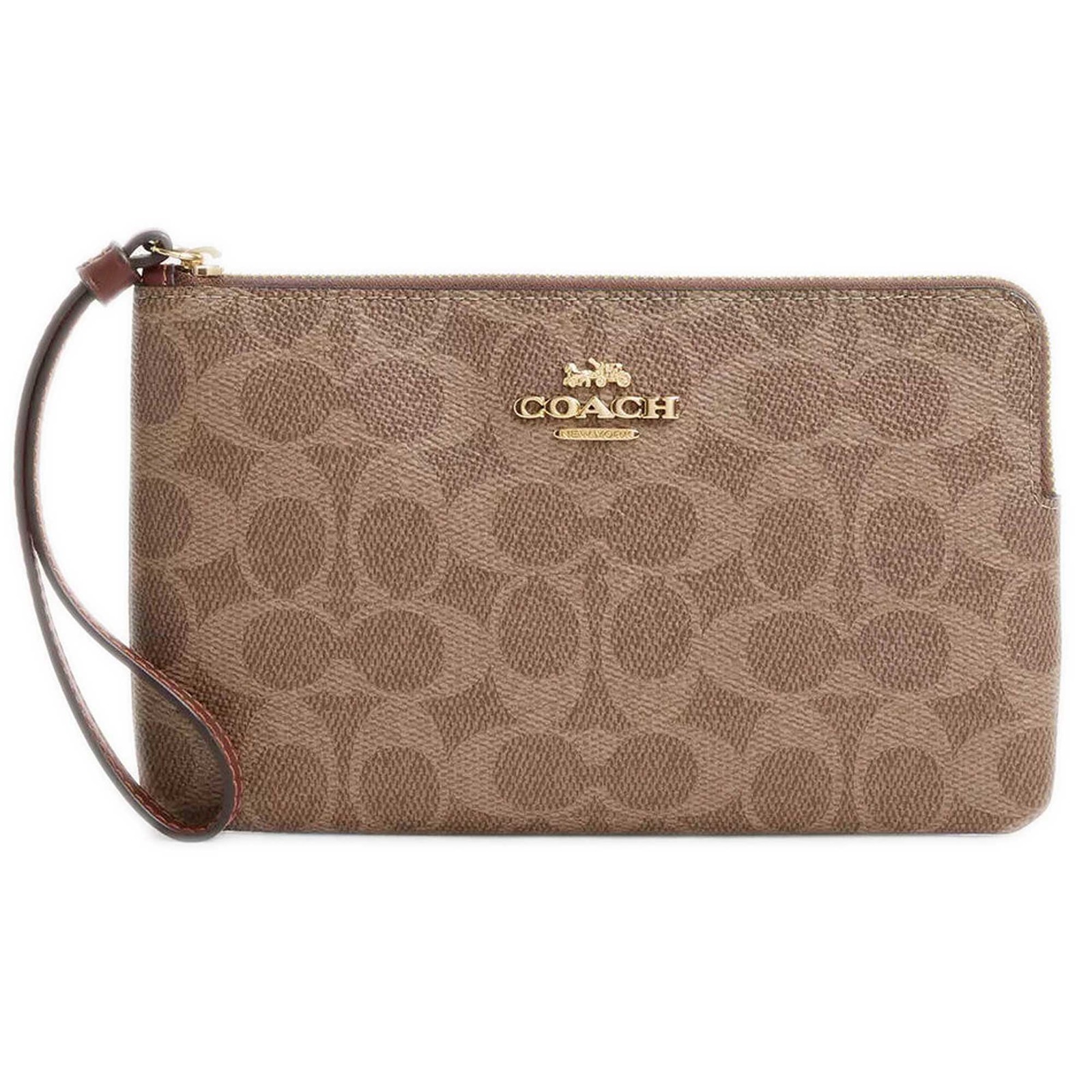 Coach Women’s Wristlet Large Corner Signature Canvas, Gold/Tan/Brown CZ277 BRN