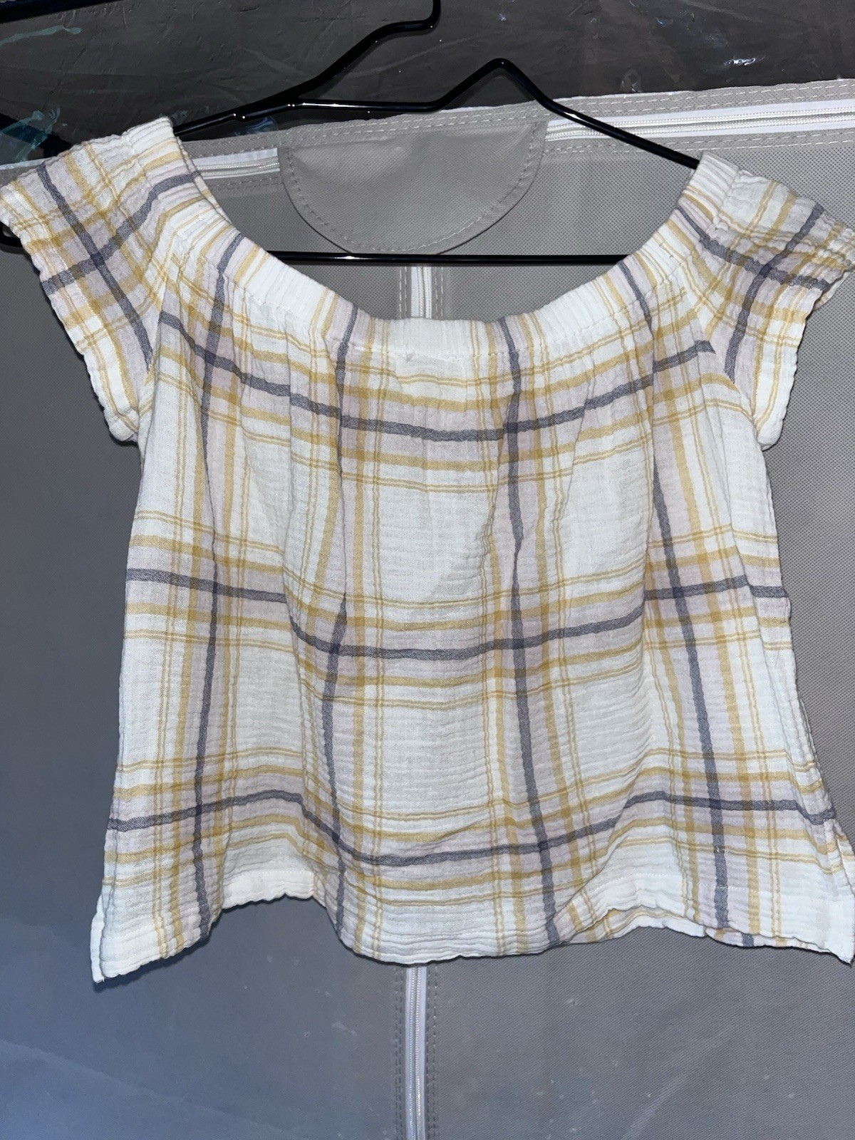 Cloth & Stone Plaid Off the Shoulder Crop Top XS Pastel Textured Gauze Blouse