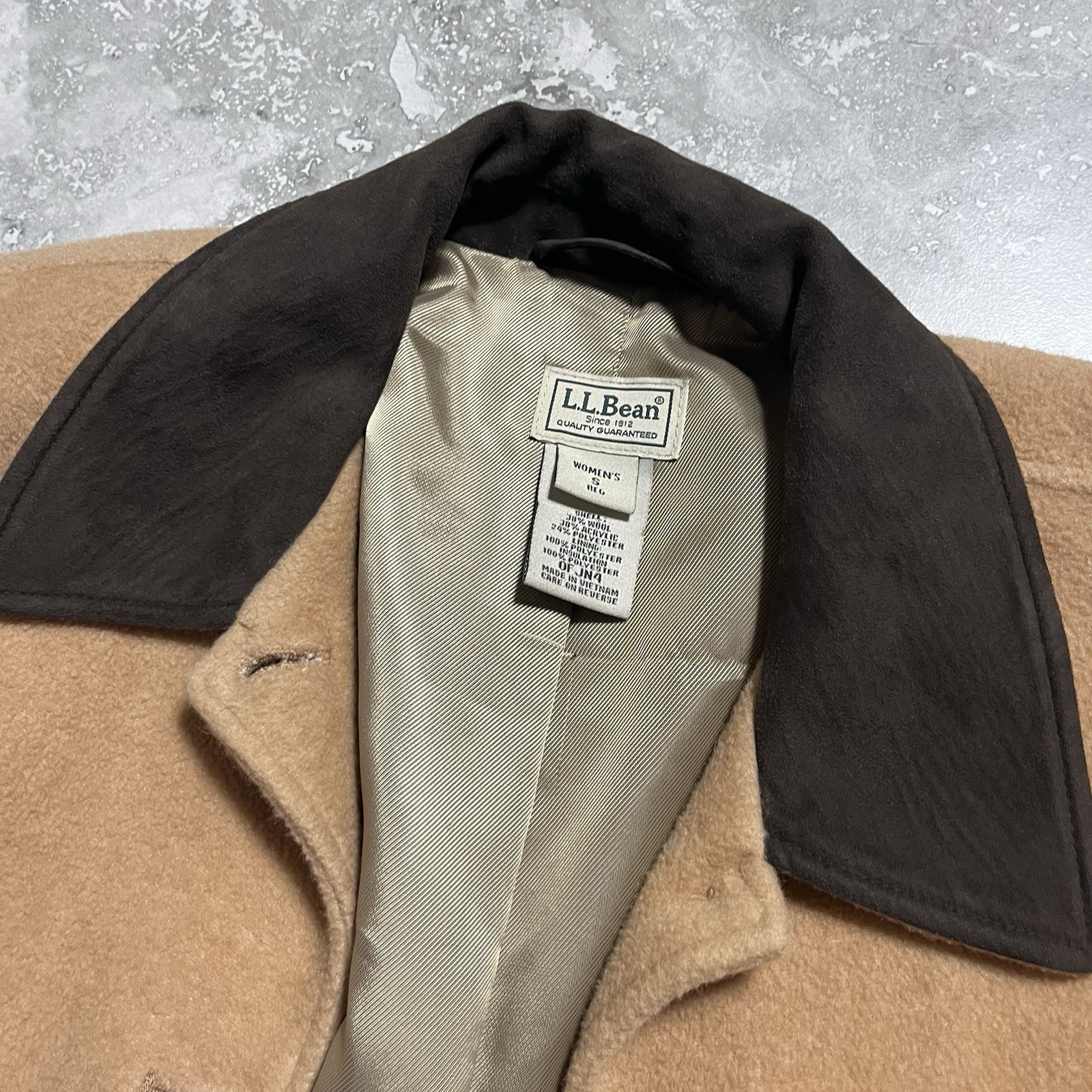 LL Bean Vtg Wool Blend Button Barn Coat Jacket Camel Tan 90s Womens S