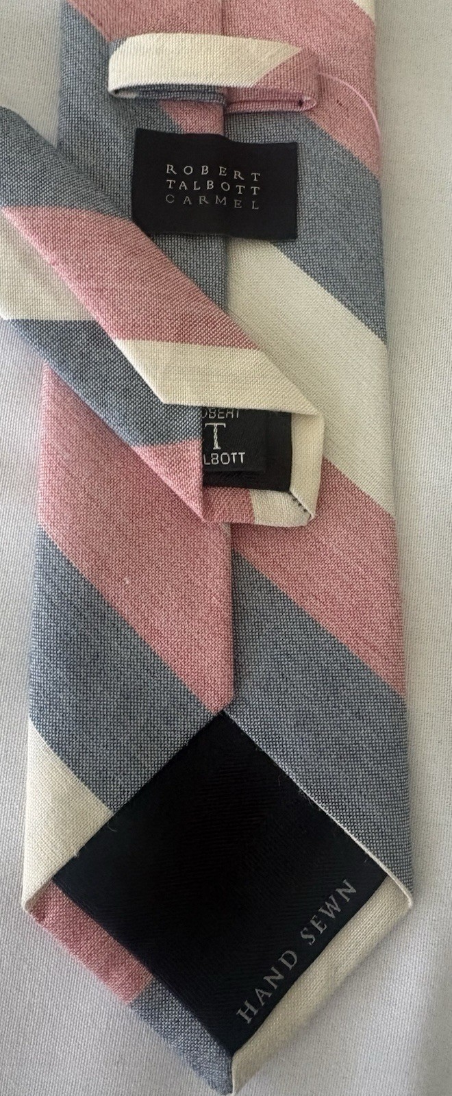 ROBERT TALBOTT CARMEL ALL SILK AMERICAN HANDSEWN PINK IVORY BLUE STRIPE NECKTIE