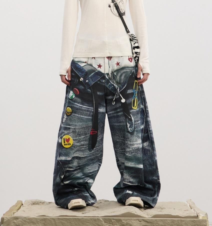 Men’s Blue Denim Cotton Mixed Punk Motorcycle Casual Pants Trousers Punk Hip Hop
