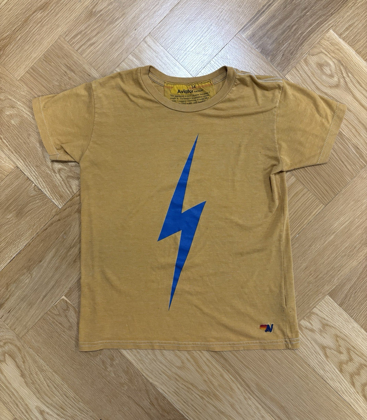 Aviator Nation Kids Size 14 Lightning Bolt T-Shirt Mustard Yellow Blue Bolt Worn