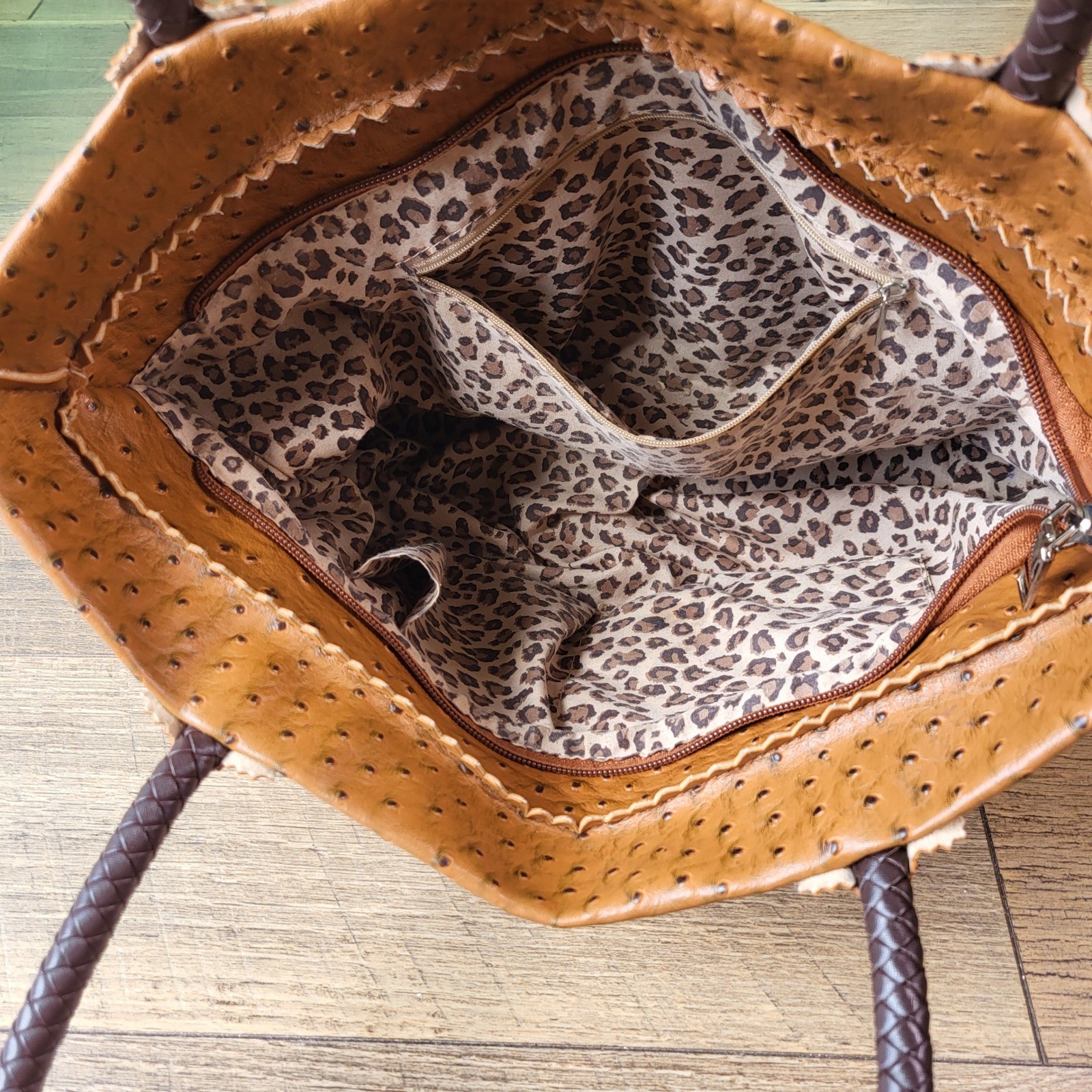 Cognac Ostrich Embossed Tote Bag Leopard Print Lining Braid Straps Brown Handbag