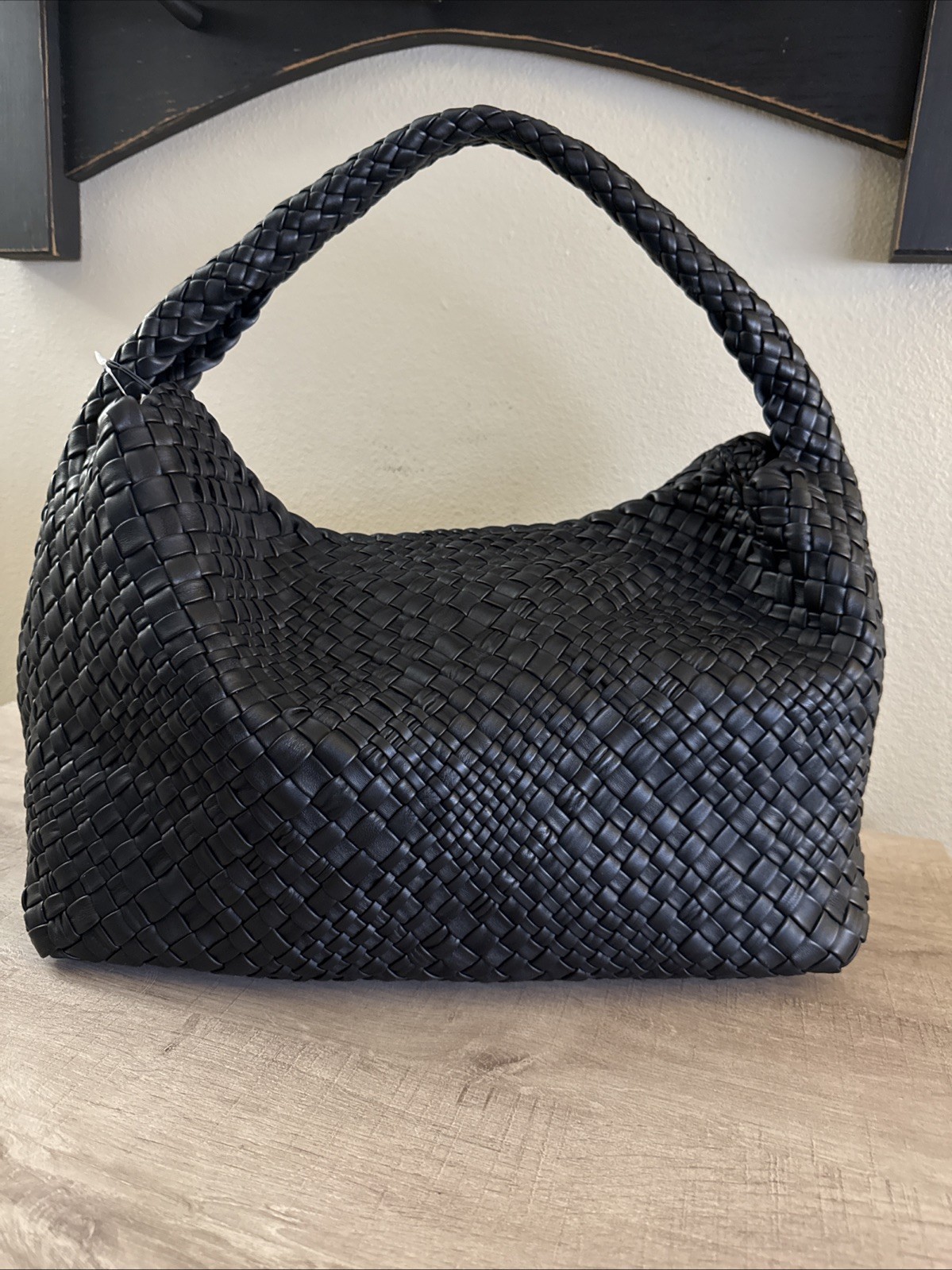 Falor Italy Black Woven Leather Shoulder Bag Hobo RARE Magnetic Closure NWT