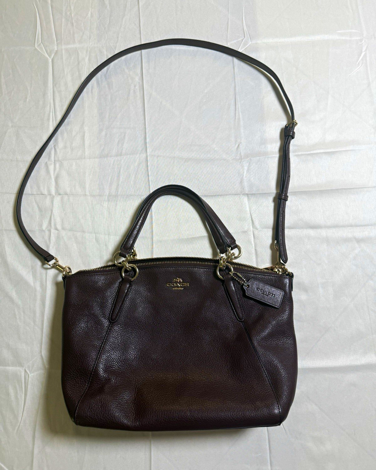 Coach Brown Pebbled Zip Satchel Top Handle Bag w/ Detachable Strap, Gold HW