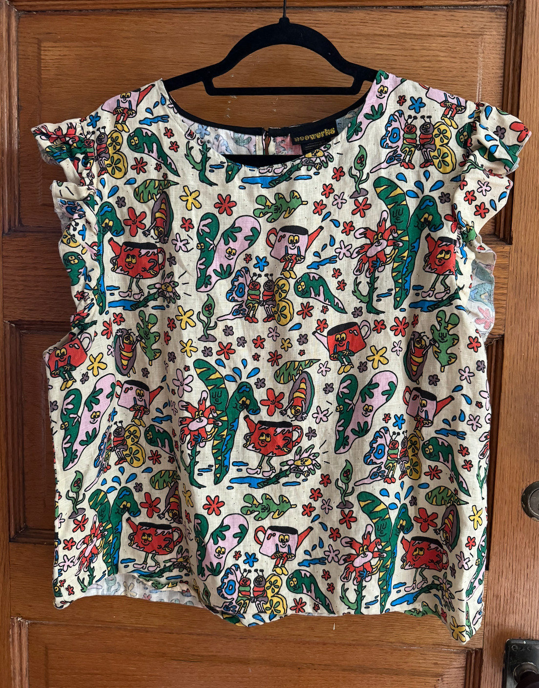 Nooworks Bug Out Aga Giecko Linen Ruffle Sleeve Top 3X Made in California