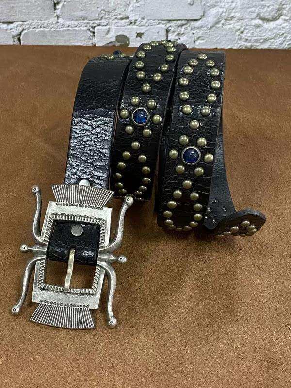 RRL Double RL Octopus Buckle Studded Gemstone Black Western Leather Belt Size 34