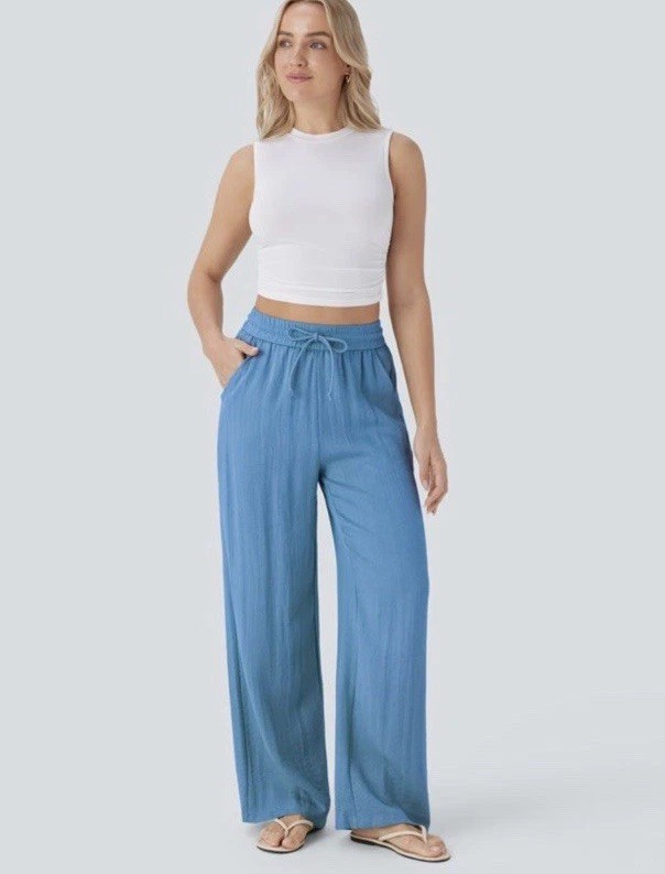 Halara High Waist Drawstring Pockets Wide Leg Baggy Casual Linen-Feel Pants XS-S