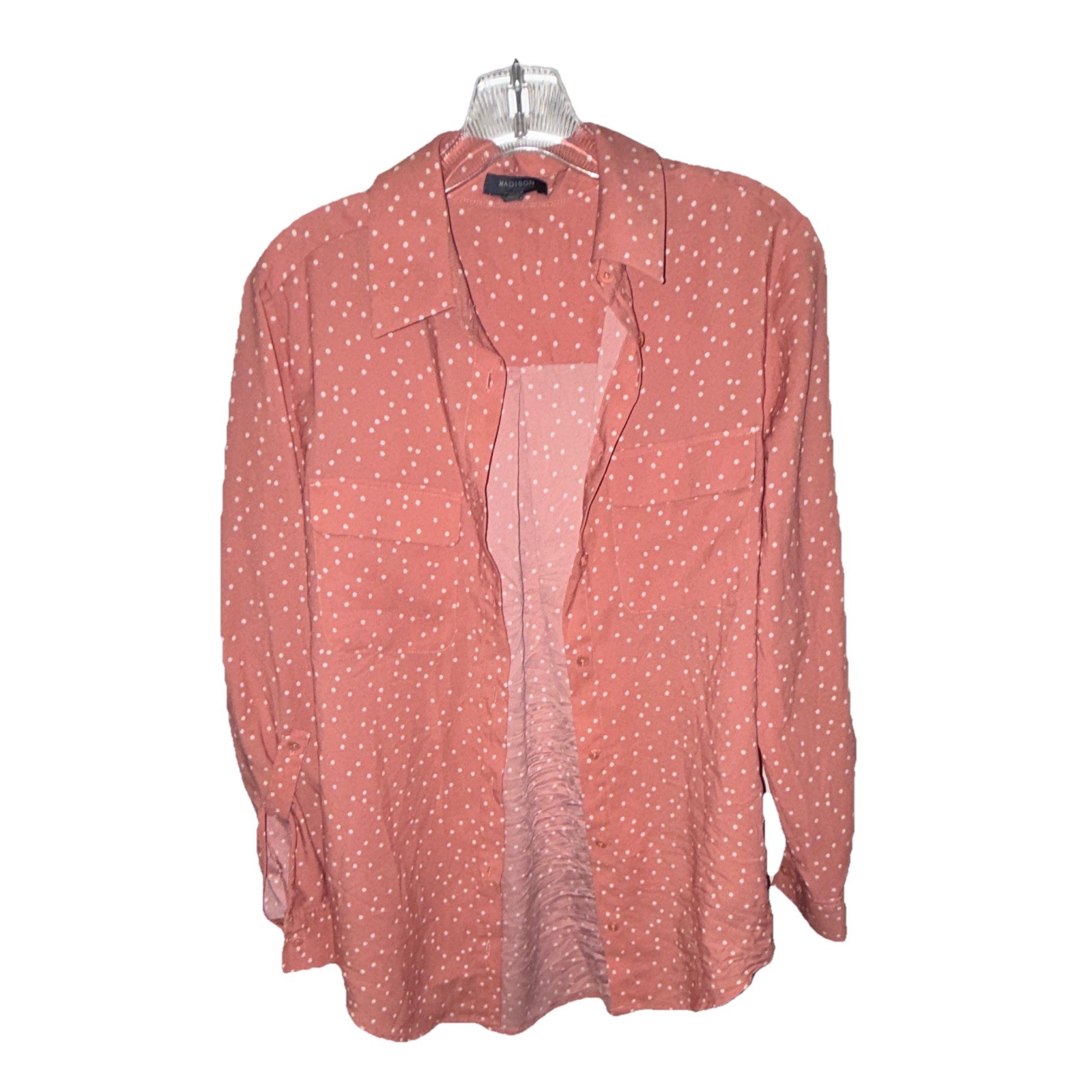 Madison Pink White Polka Dot Chiffon Collared Button-Up Blouse Women’s XS