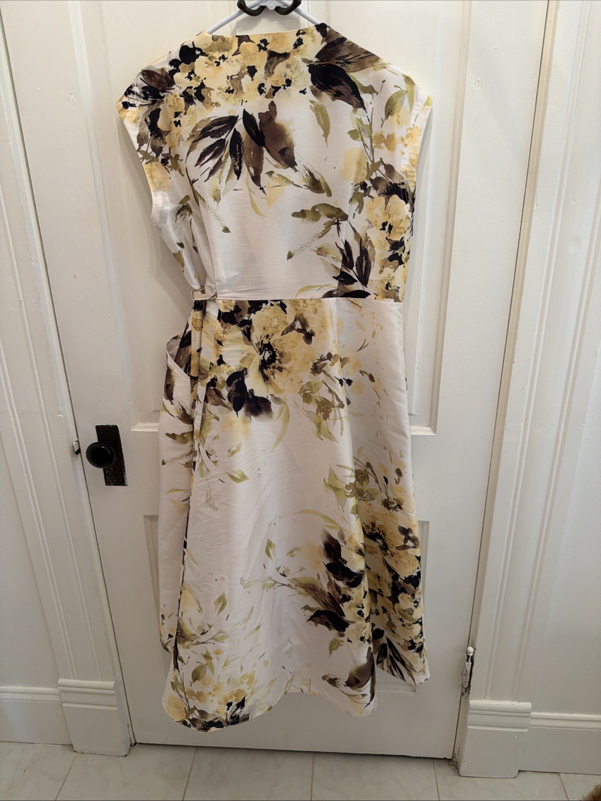 Donna Karan NY Floral Wrap Shimmer Floral Dress Waist Tie Pockets Size 14 $199