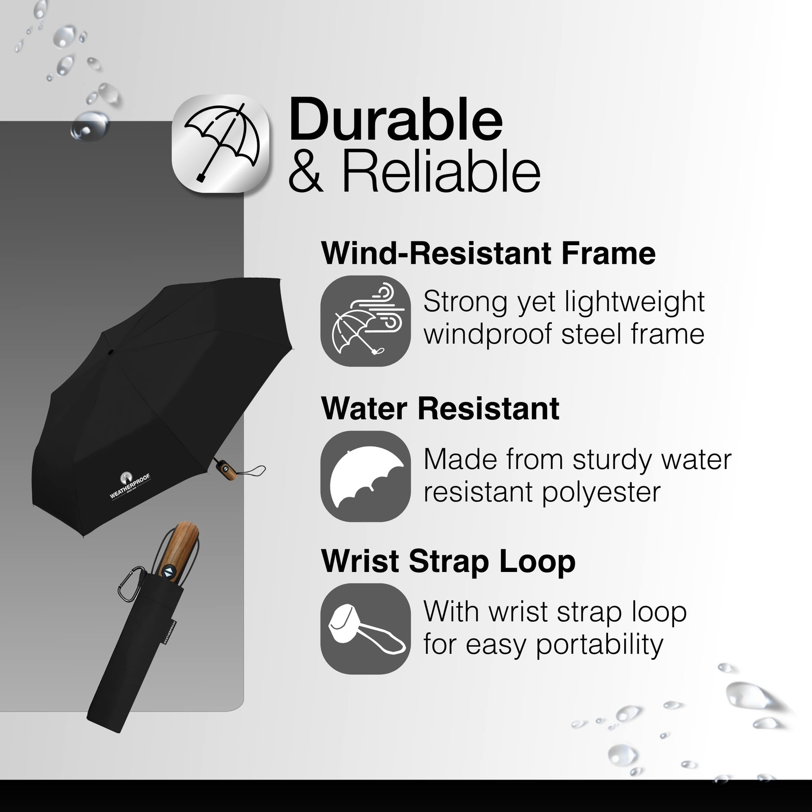 Weatherproof WP-M540-BLACK Automatic Folding Umbrella Full 54 Inch Arc Black