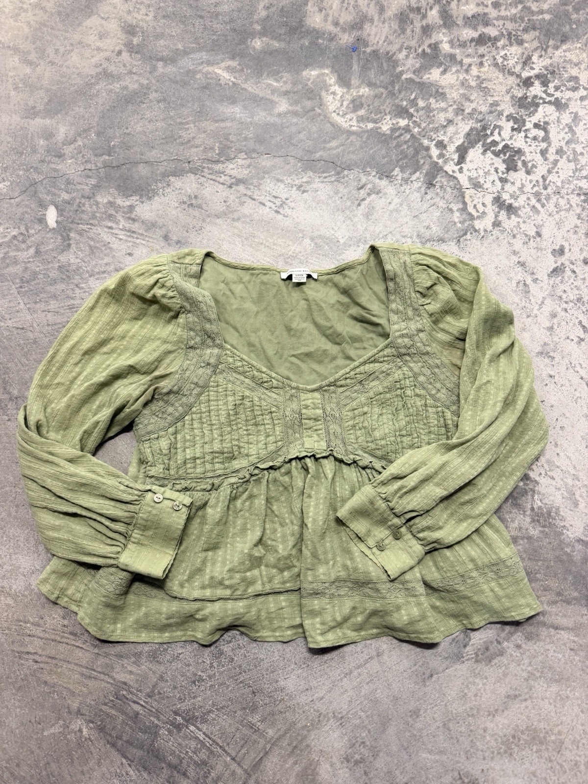 American Eagle Baby Doll Peasant Top Womens M Green 100% Cotton Crepe Lace Cute