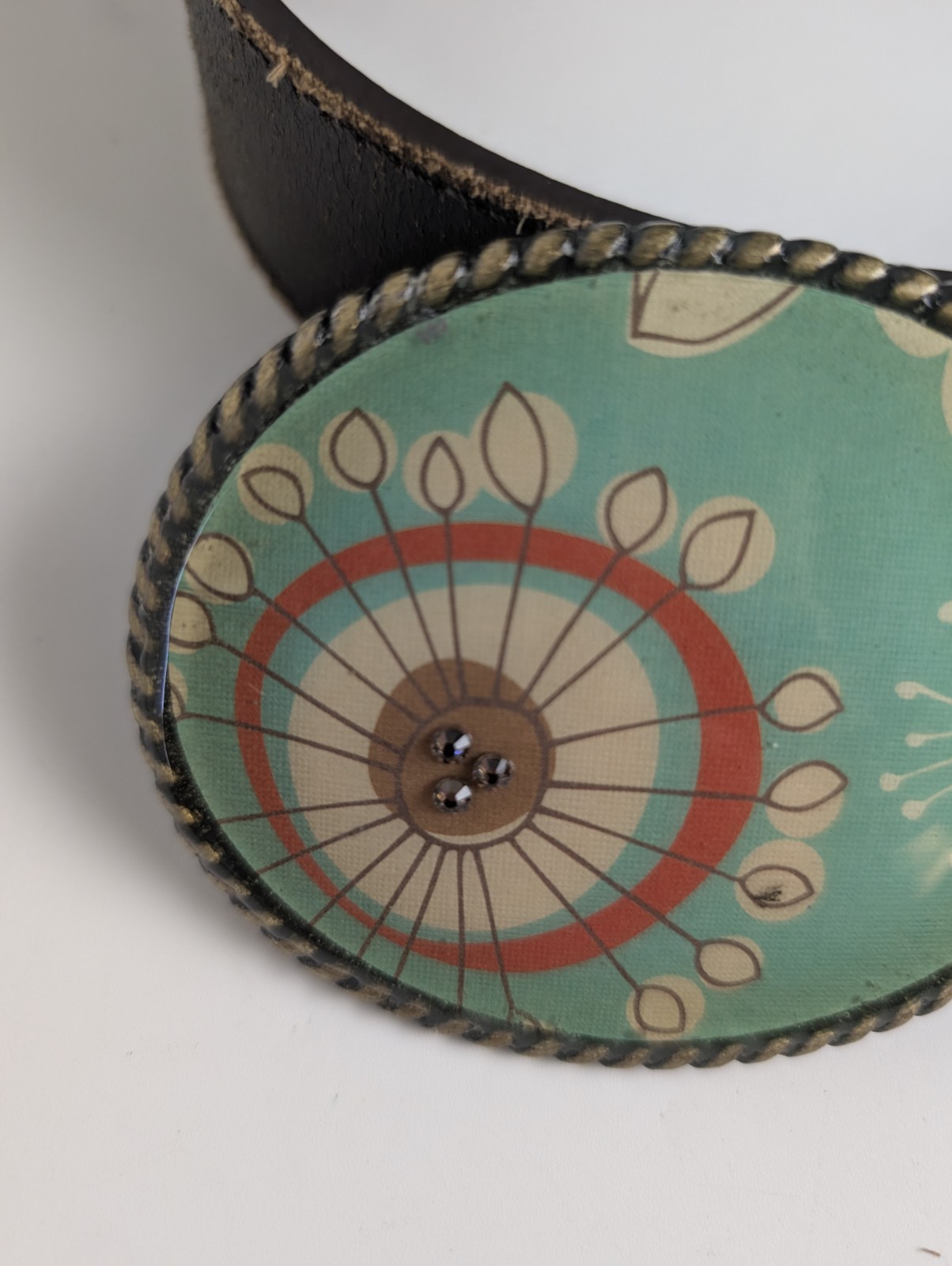 Genuine Leather Brown Belt Teal Floral Oval Buckle Removable Snap Closure
