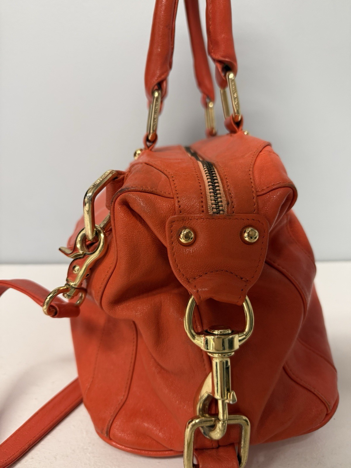 Rebecca Minkoff Leather M.A.B. Satchel Bag Orange Gold Hardware Crossbody