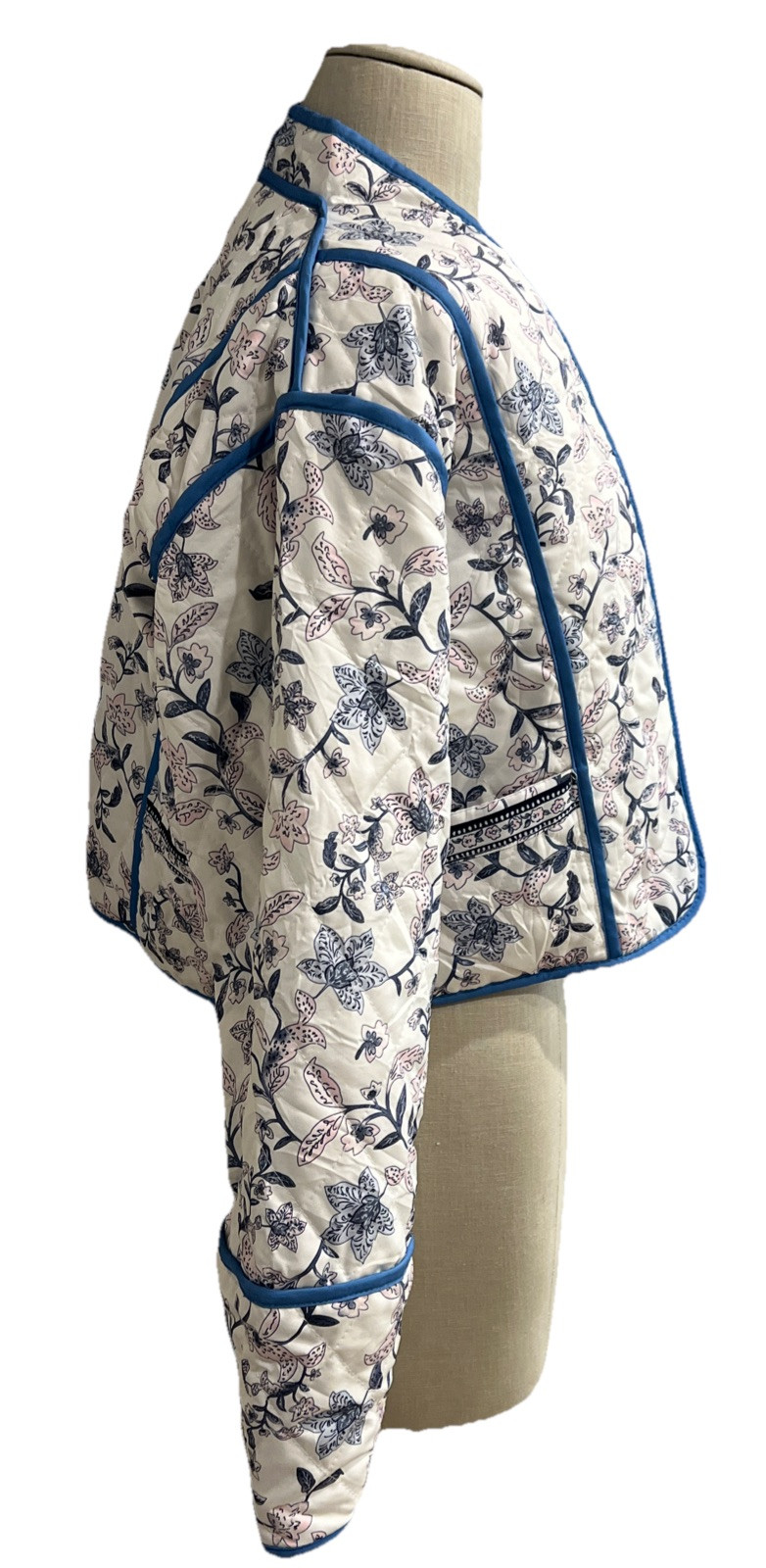 Reversible Quilted Jacket Cropped Sz MED* Navy Blue Floral Ivory/Pink