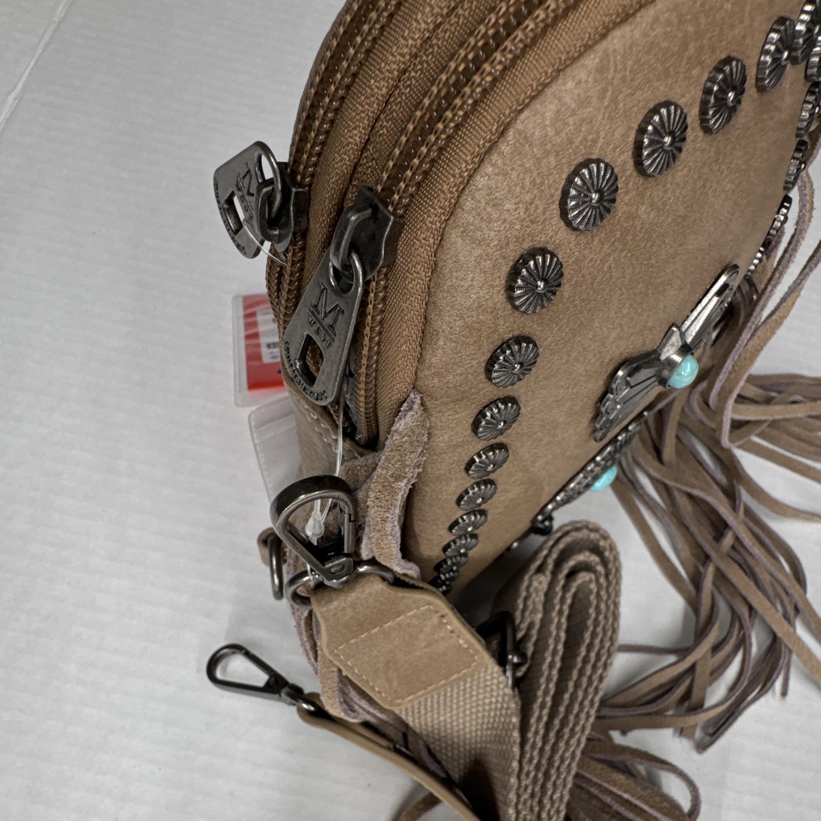 Montana West Khaki Western Fringe Studded Crossbody Bag Zip Detachable Strap