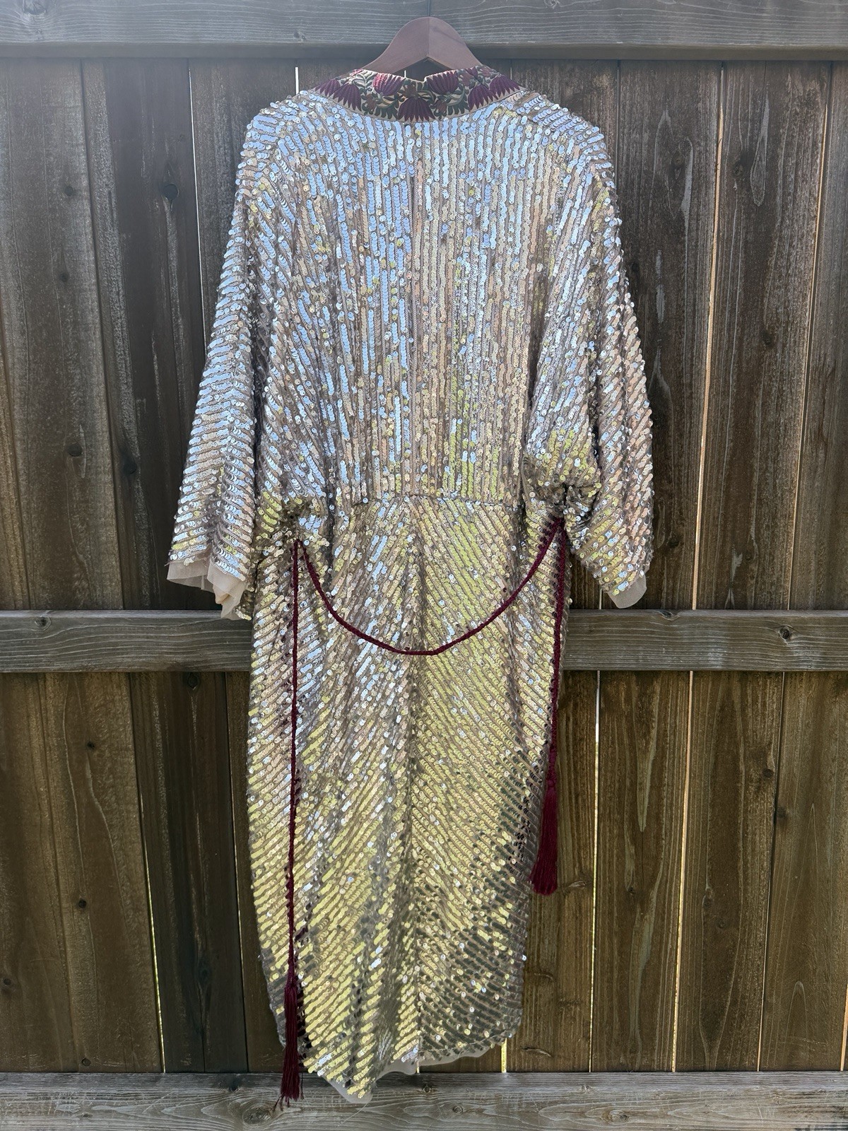 Free People Sequin Kimono Duster Silver Embellished Boho Festival Tassel OS