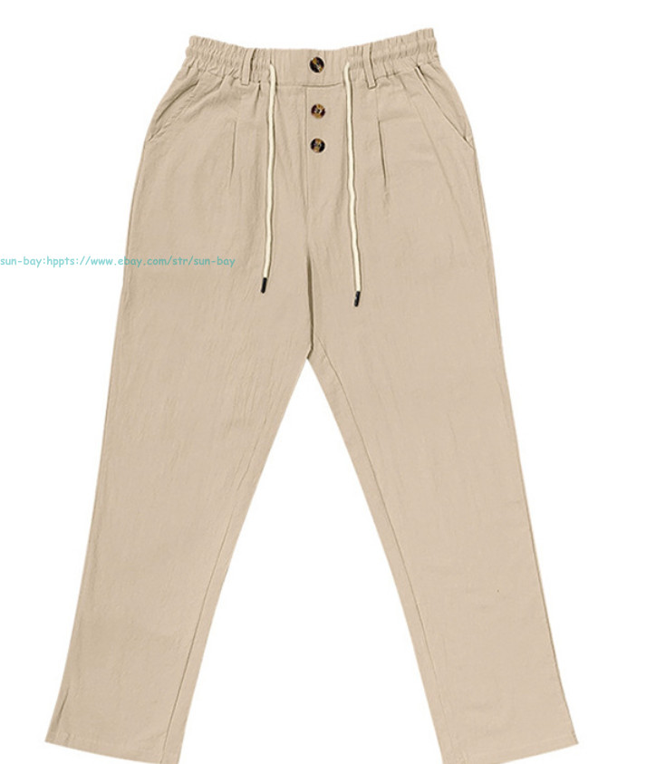 Men Casual Linen Pants Elastic Waist Drawstring Summer Beach Trousers withPocket