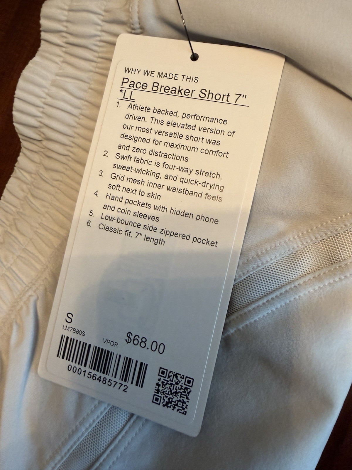 Lululemon Size Small Pace Breaker Linerless Short 7″, Vapor, NWT, $68