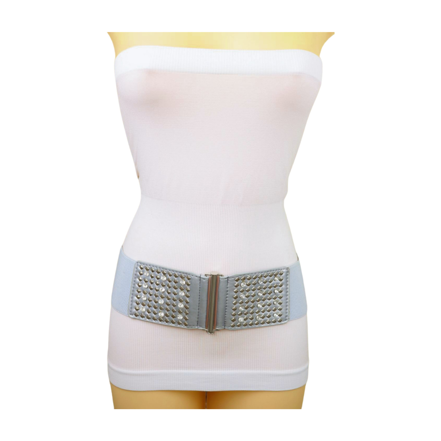 Women Silver Color Elastic Wide Waistband Holidays Fashion Belt Metal Studs S M