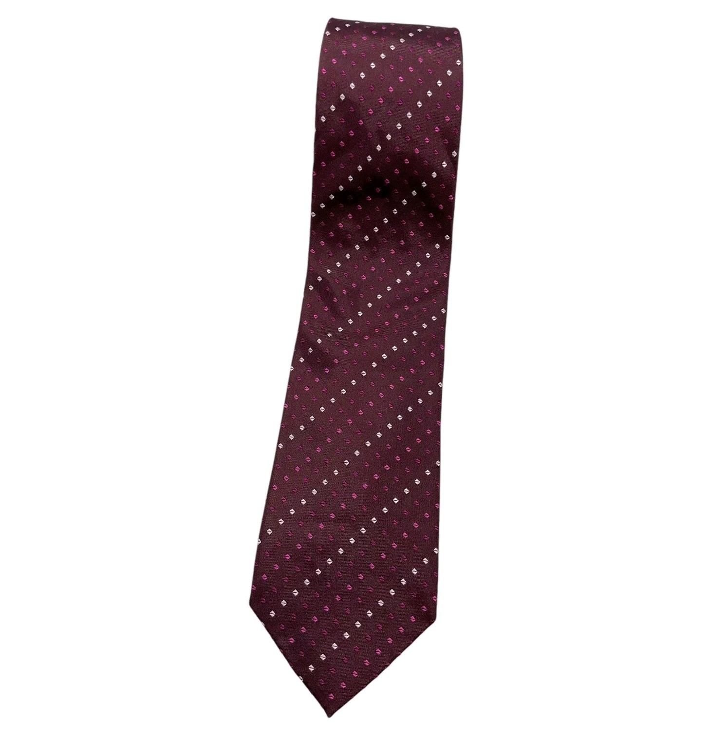 STRELLSON Men’s Silk Tie ITALY LUXURY Burgundy Pink White Geometric W:3.5″ EUC