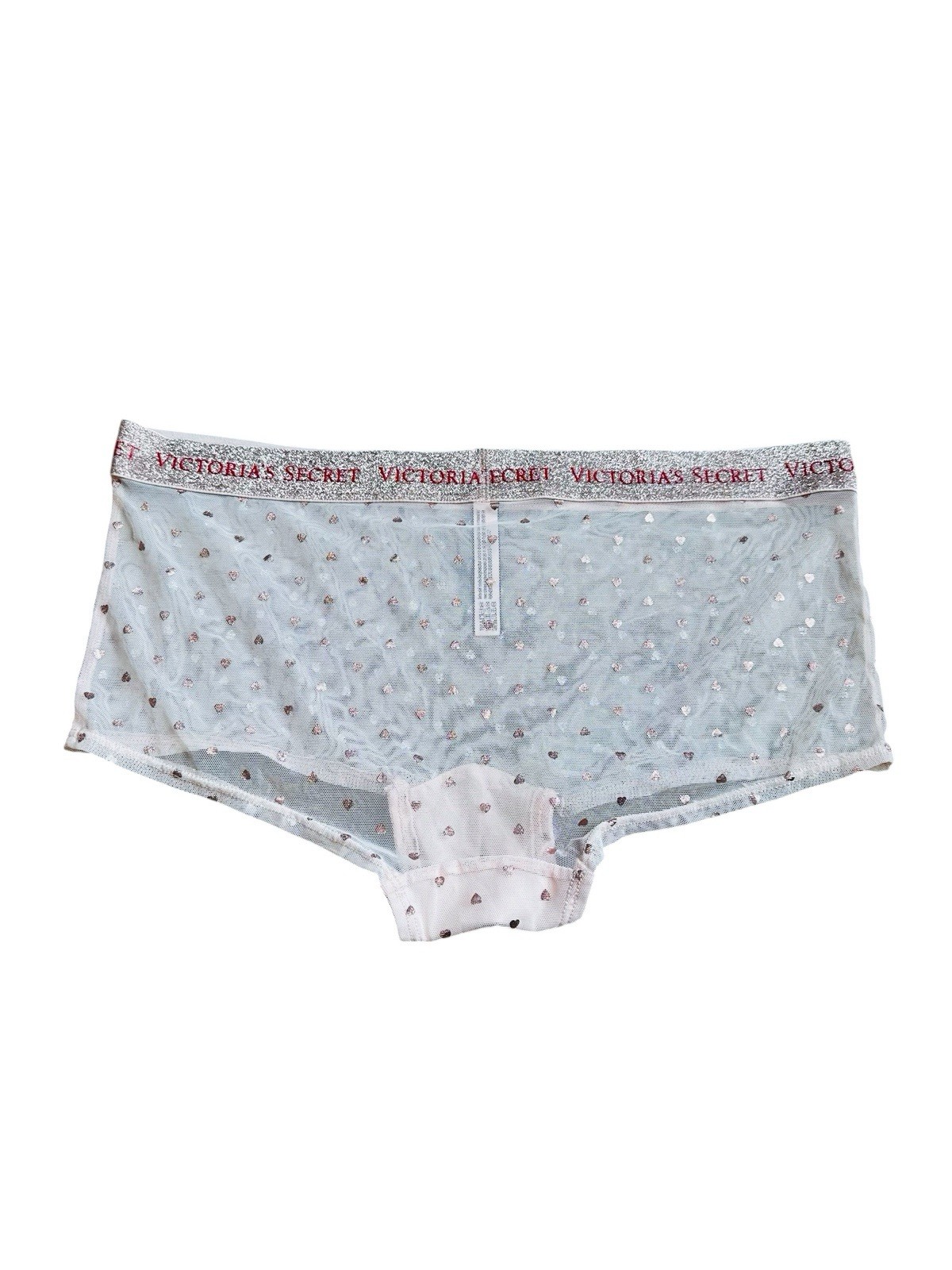 (3) Victoria’s Secret Shortie Boyshorts Pink Mesh Glittery Hearts Logo Size L