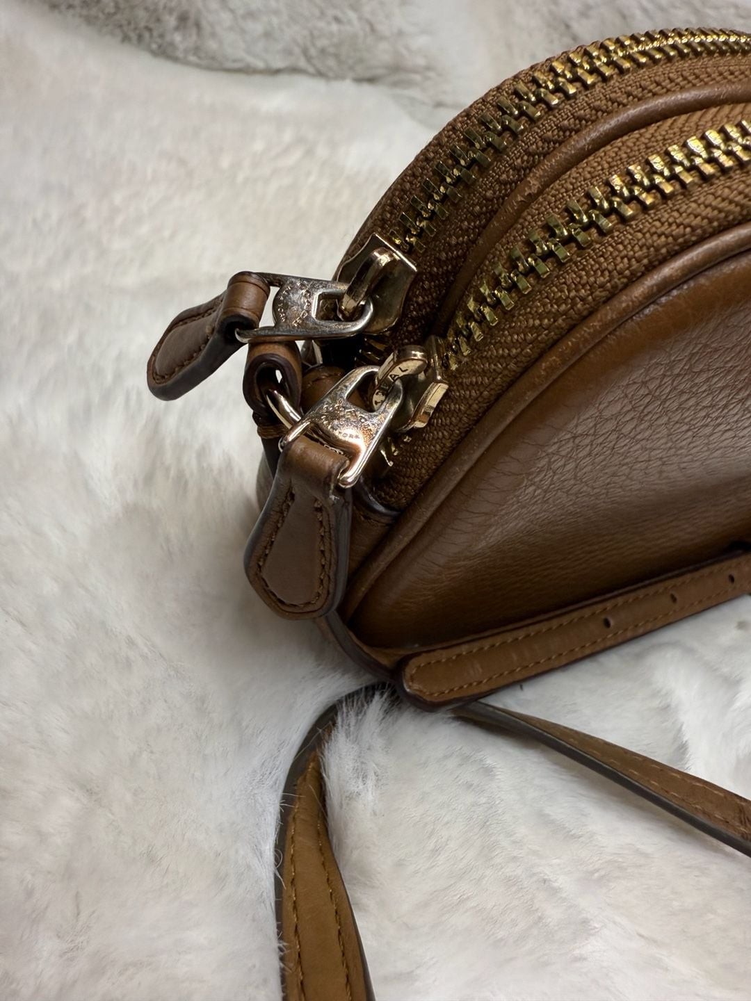 Coach Double Zip Camera Crossbody Bag in Brown Pebbled Leather