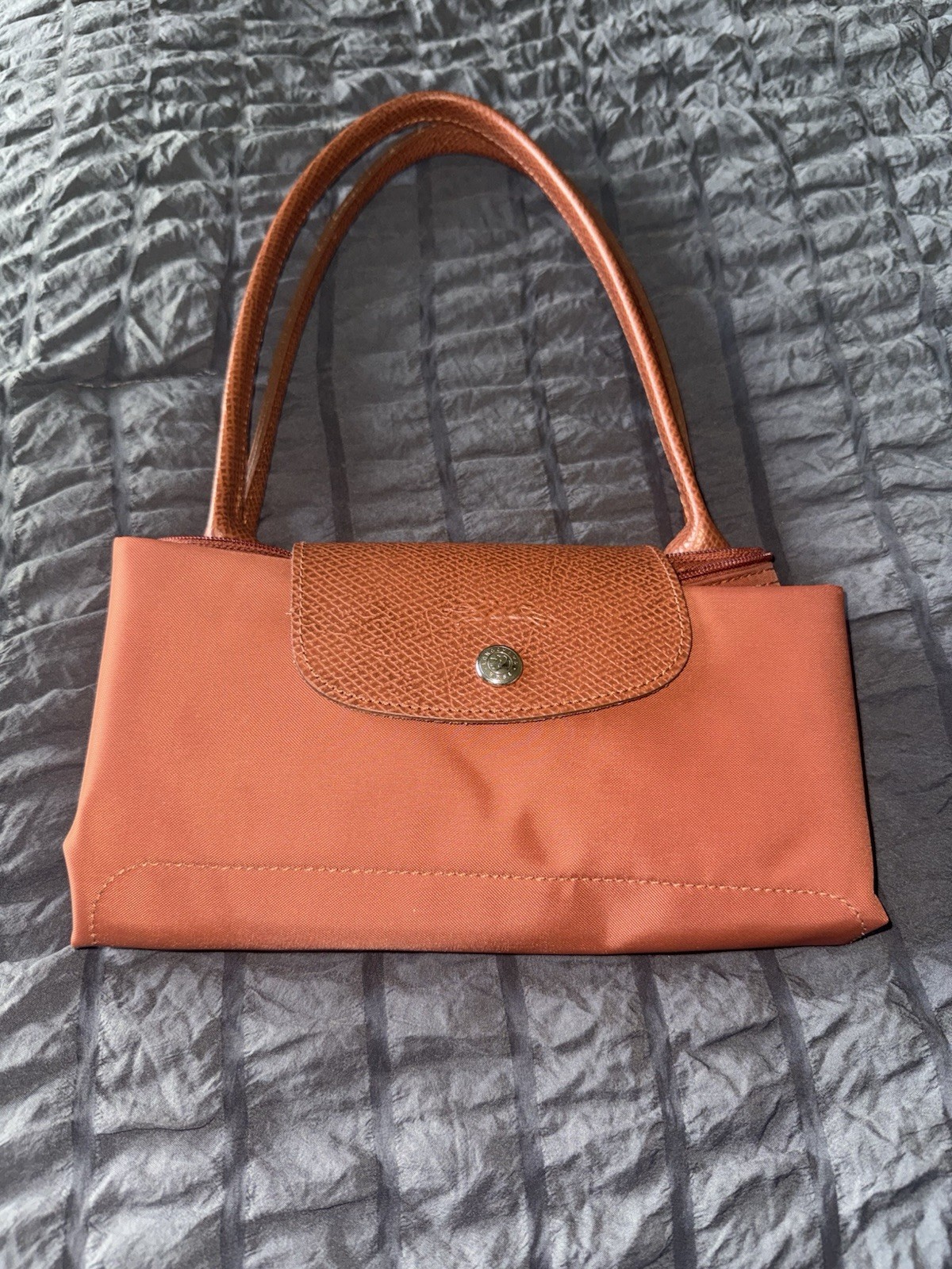 Longchamp le Pliage Shoulder Tote Bag Brick Orange Brown Leather Zipper Closure