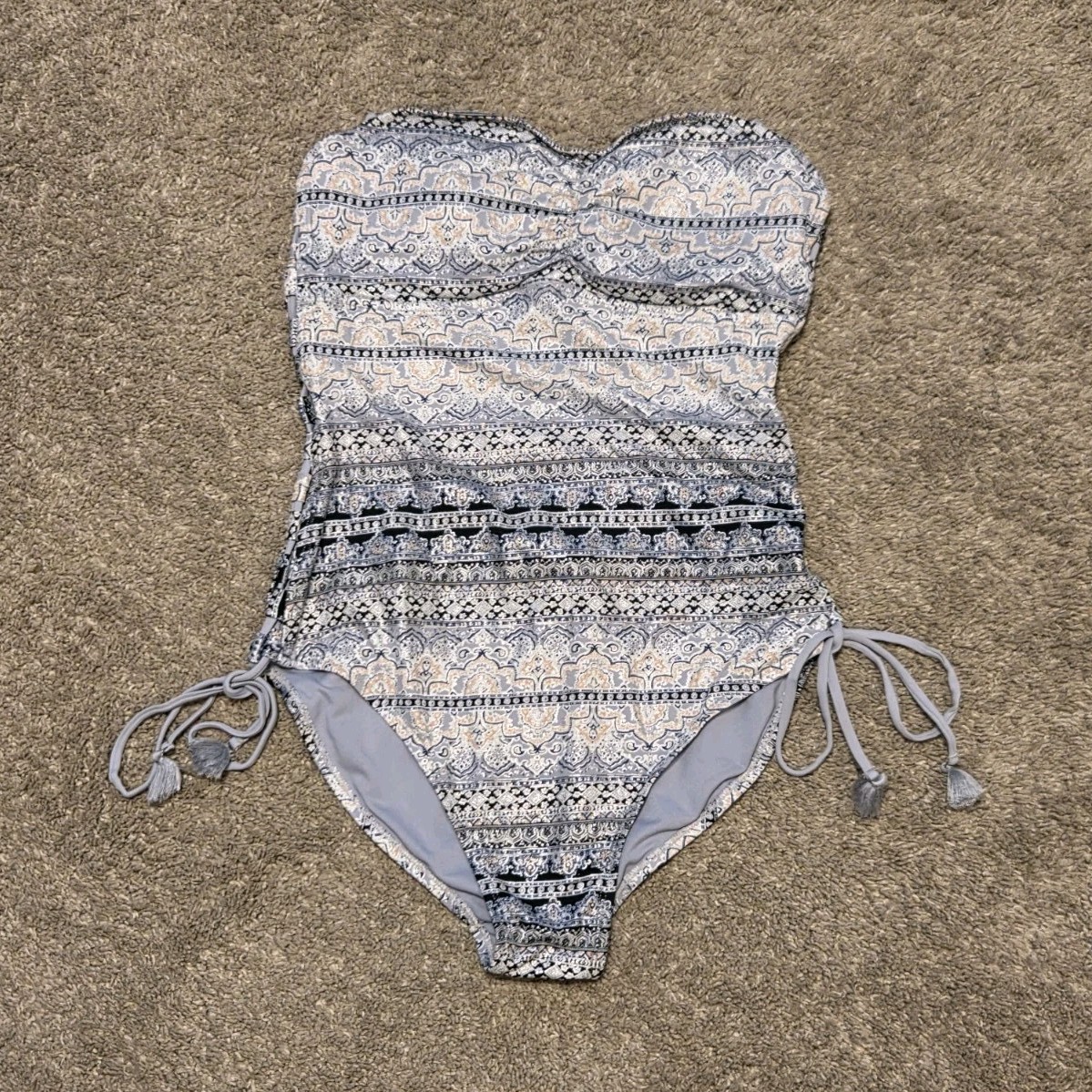 Strapless Paisley One-Piece Swimsuit L Mesh Synthetic Lace-Up Adjustable Side