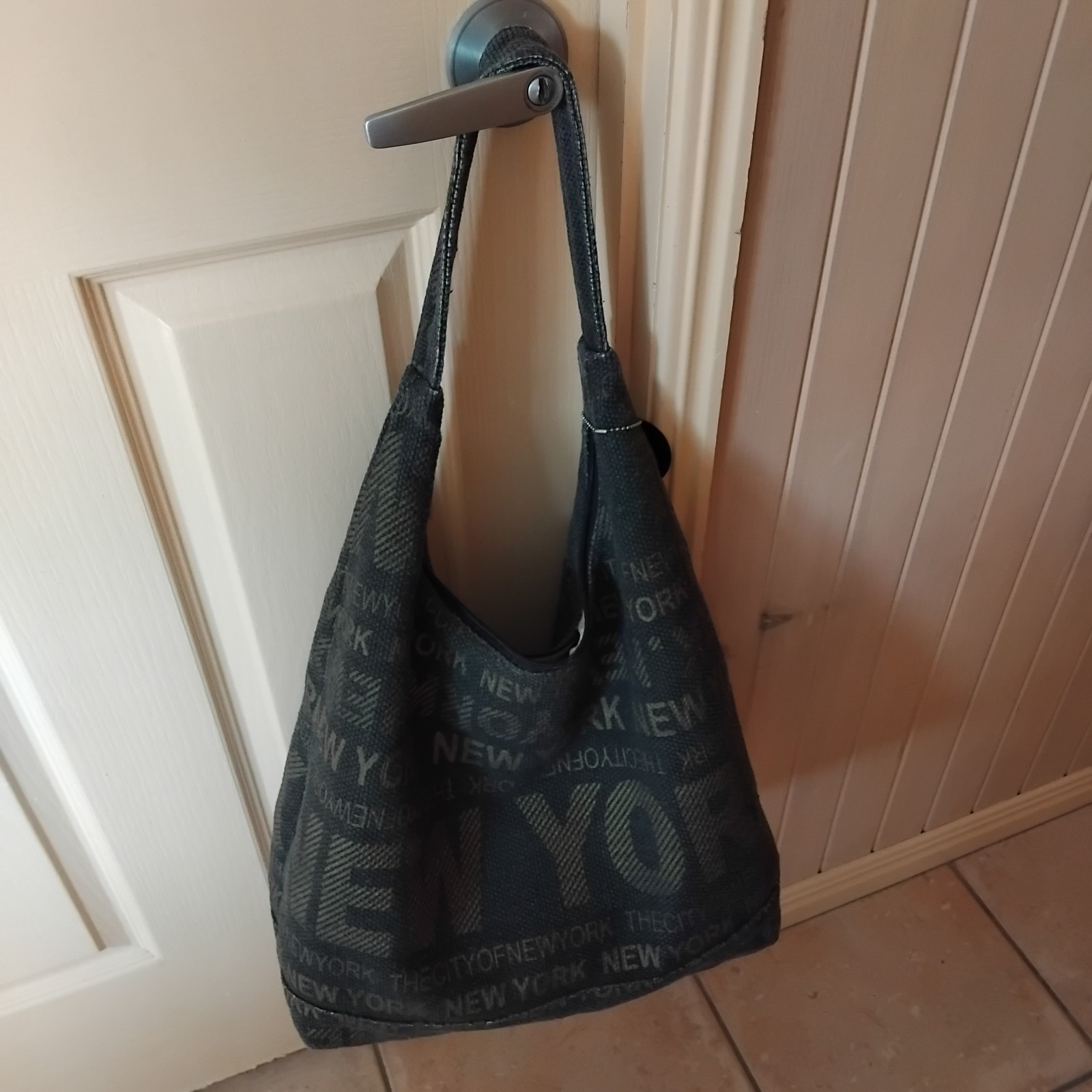 Robin Ruth Grey Woven Fabric Logo Zip Shoulder Bag w/ Charm Silver Hardware