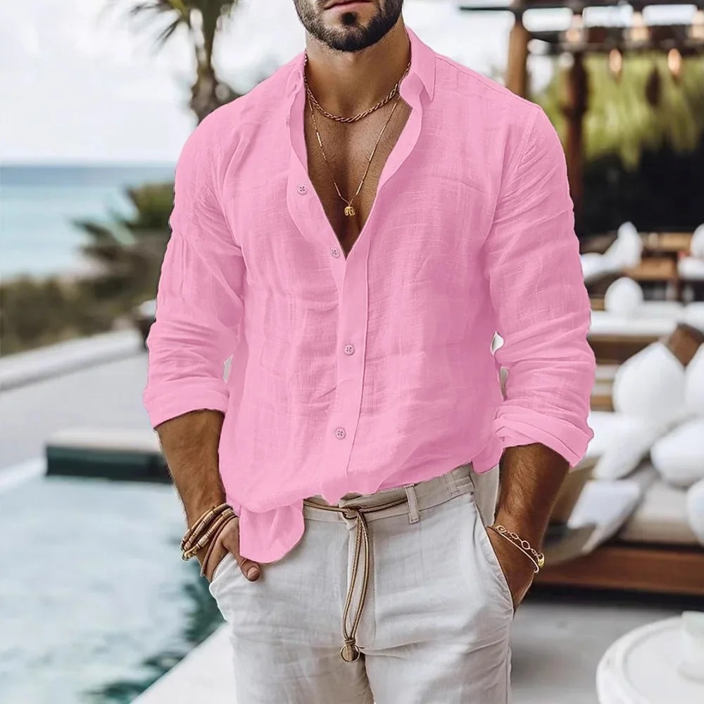 Camisa de lino y algodón para hombre camisa de manga larga Color sólido, estilo