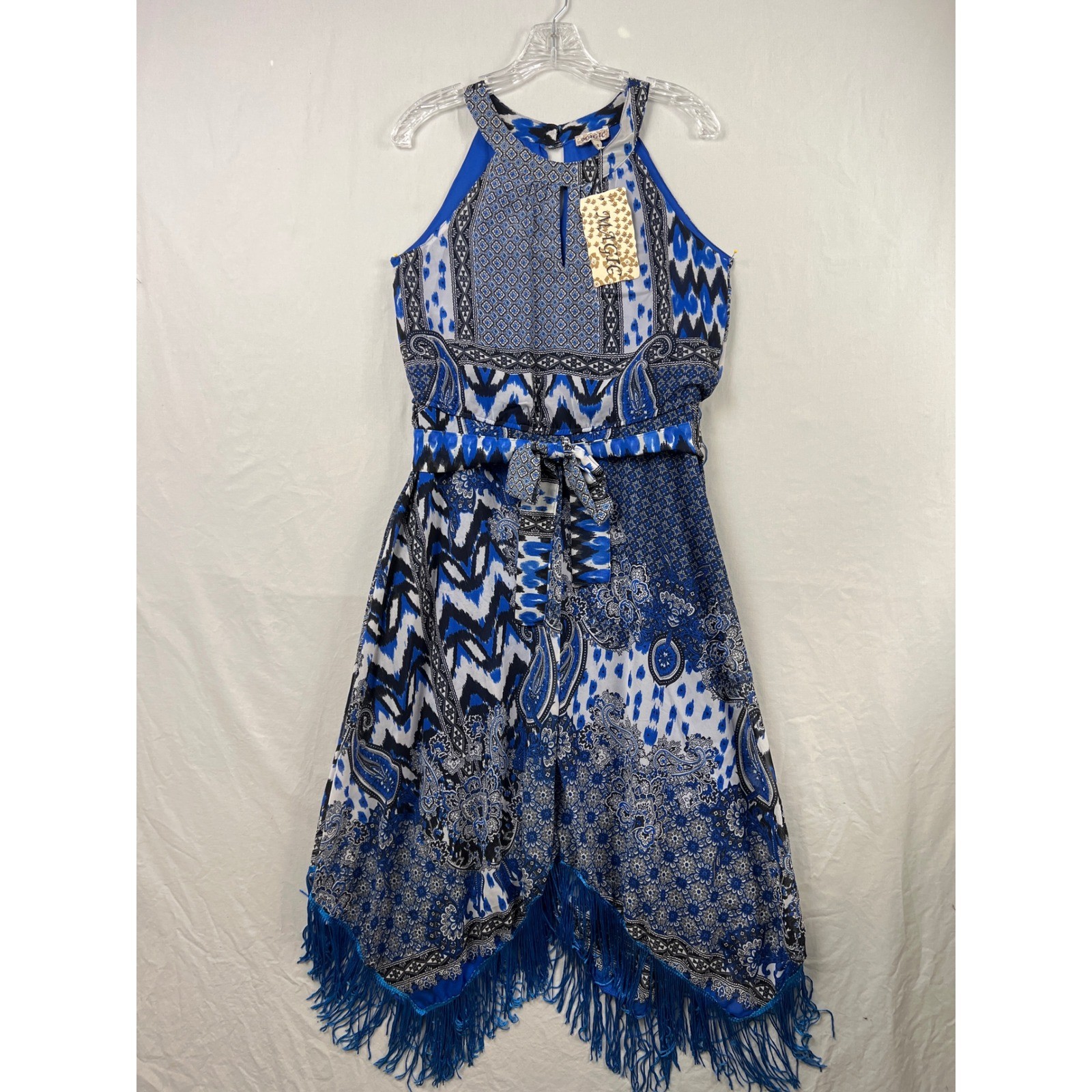 Magic Halter Dress Women’s Small Blue Mixed Paisley Ikat Print Fringe Hem