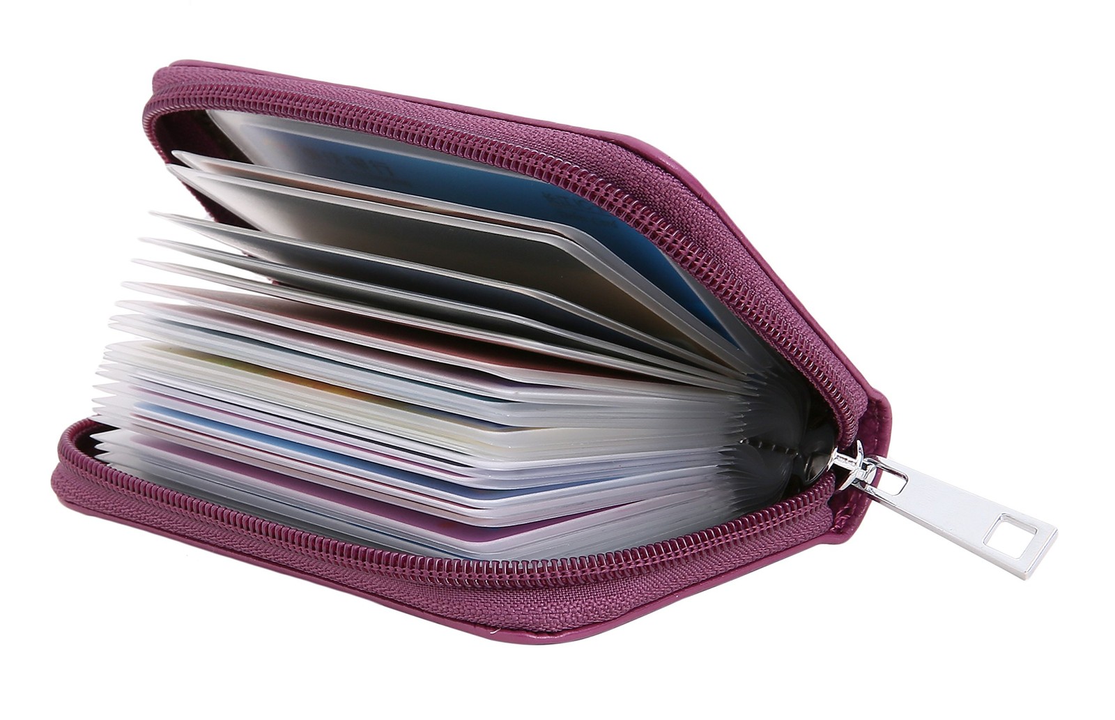 Genuine Leather Credit Card Holder Zipper Wallet With 26 Card Slots (Purple)