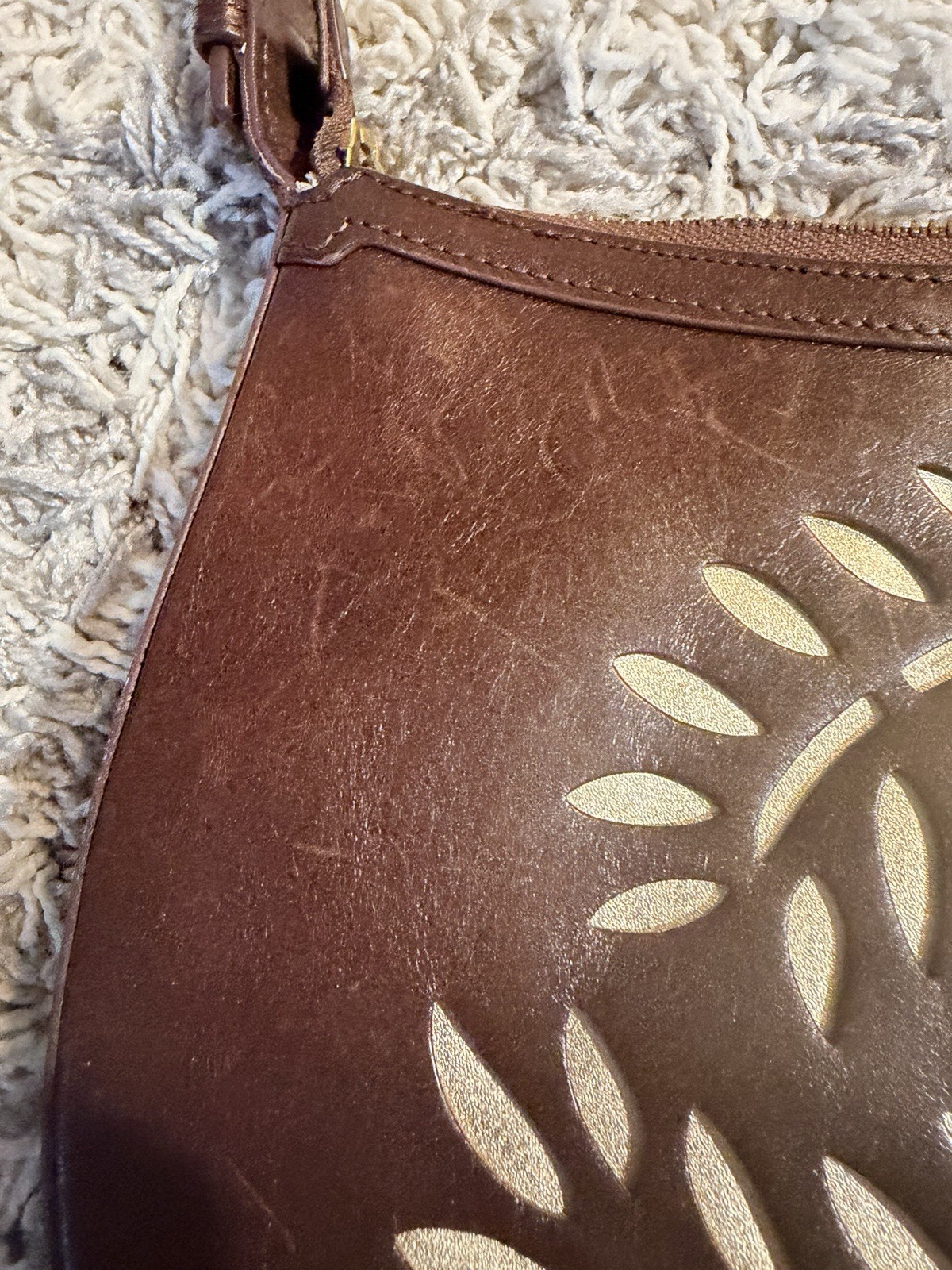 Tommy Bahama 100% Leather Brown Shoulder Bag with Leaf Cutout