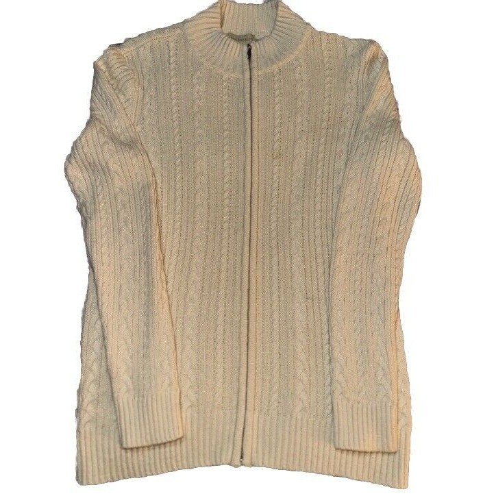 Appleseed’s Cable Knit Cardigan Full Zip Mock Neck Sweater Cream Size Medium