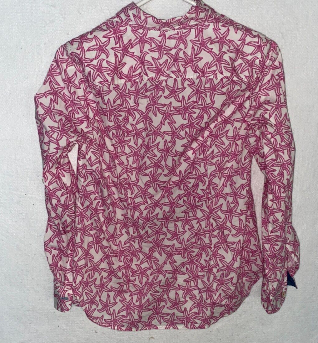 Talbots White Pink Starfish Print Roll Tab Sleeve Button Up Pocket Sz S Petite
