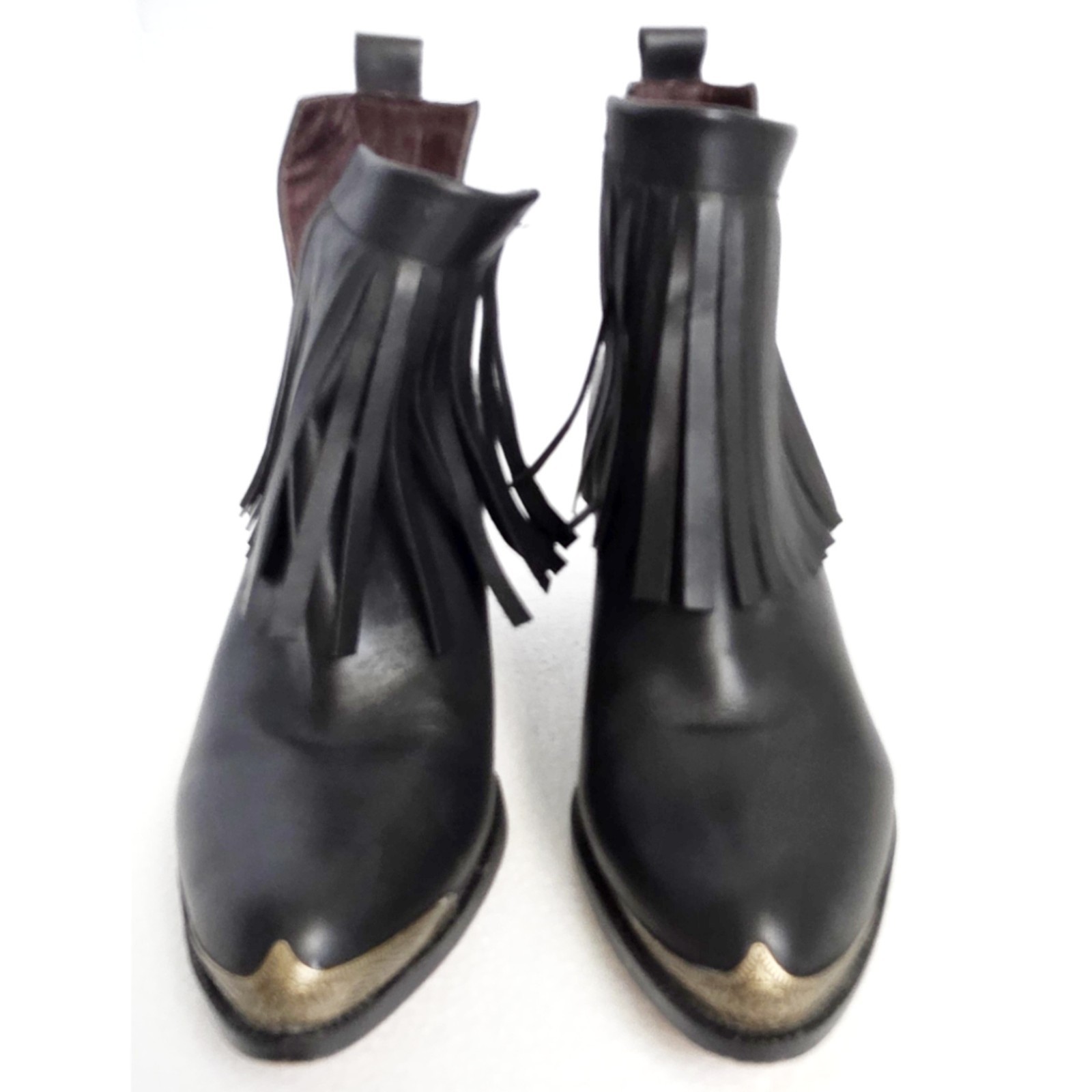 L&B Women’s Fring Black Leather Ankle Bootie Pointed Toe Fringe Block Heel Sz 6
