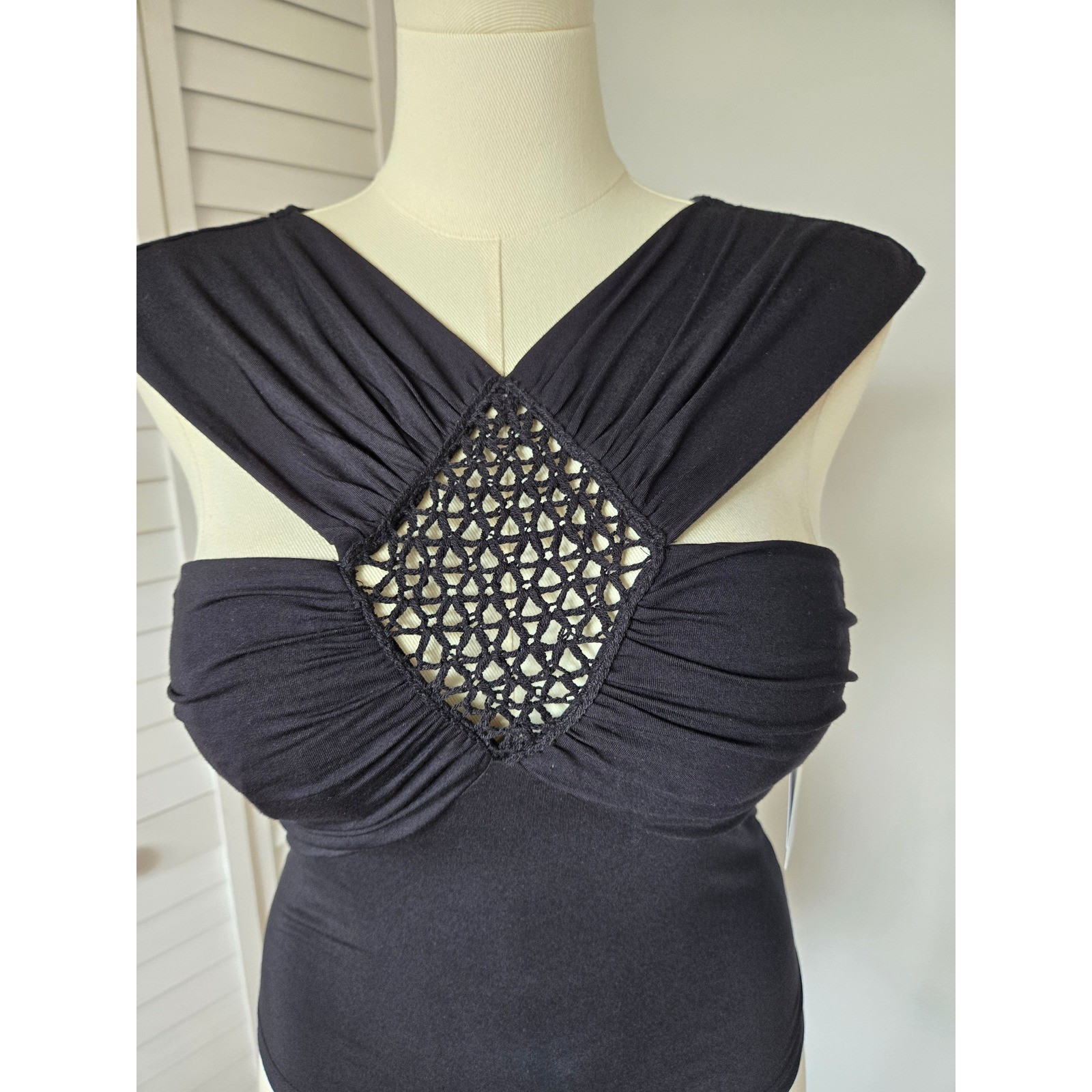 Robert Rodriguez Black Ruched Crochet Cutout Top Size M Y2K Glam Clubwear Chic