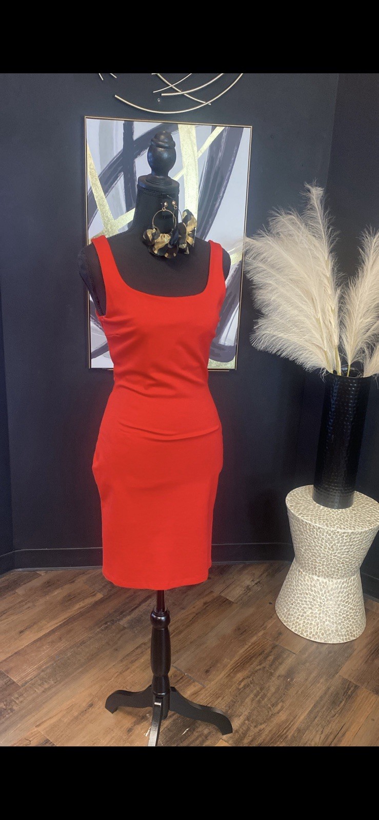 Red Scoop Neck Sleeveless Solid Stretch Bodycon Knee Length Dress Size S