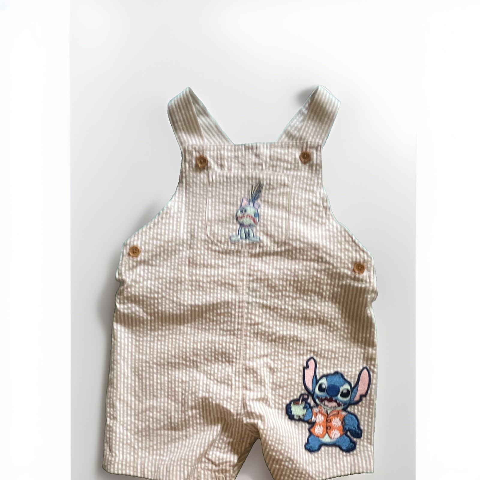 Disney Stitch 2pc Seersucker Striped Overalls & Short Sleeve Shirt Set 12M