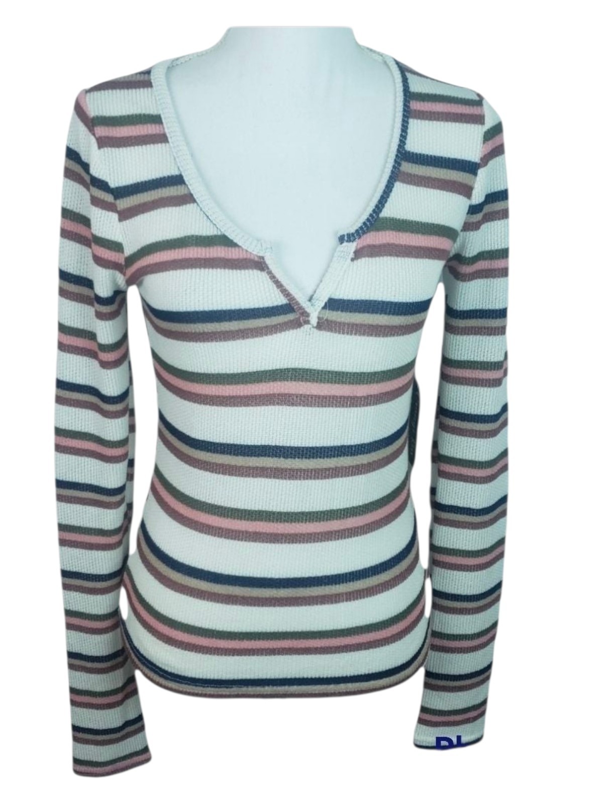 Orange Kiss Ribbed Stripe V Neck Fitted Stretch Top Y2K Long Sleeve M