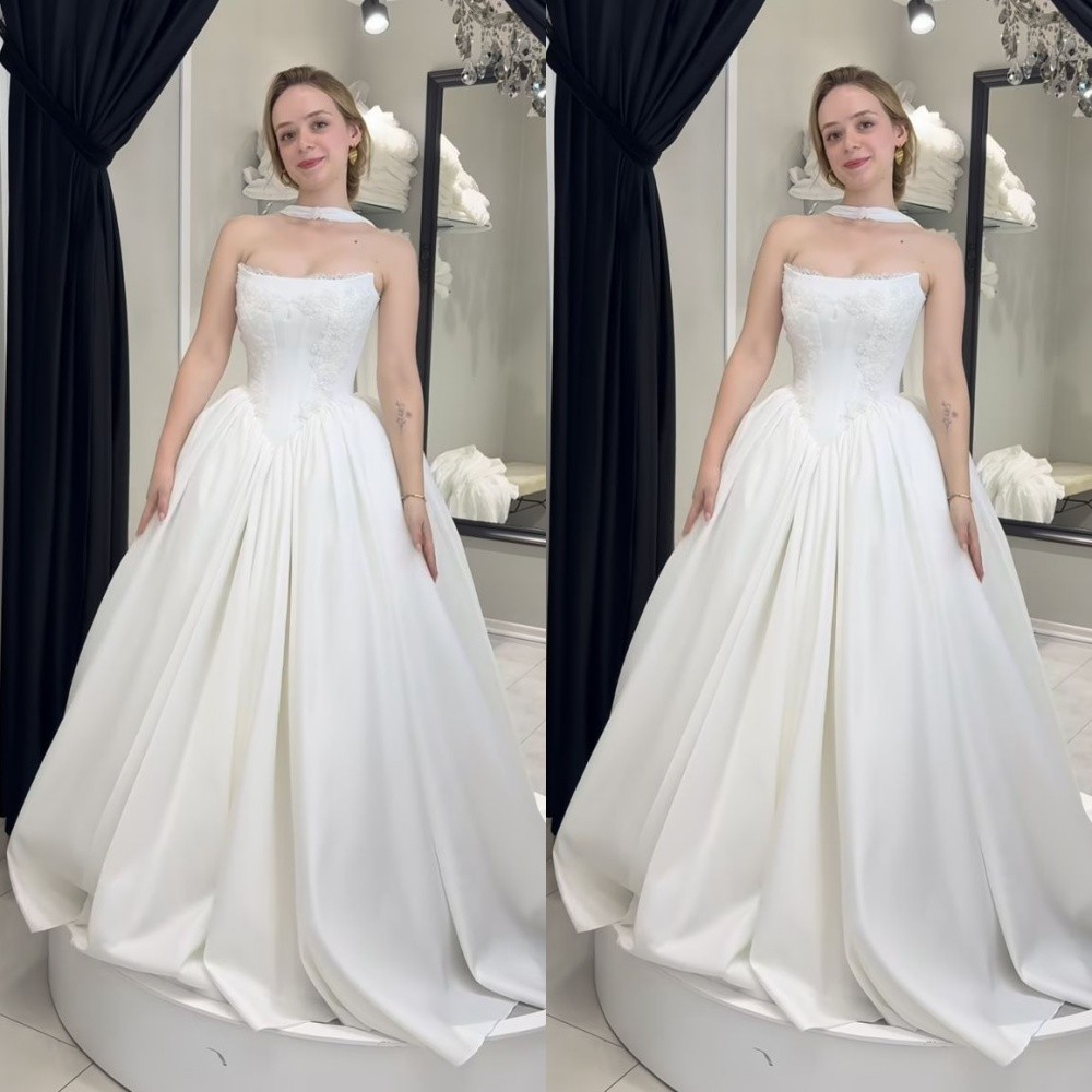 Classic Wedding Dresses Strapless A Line Satin White/Ivory Bridal Gowns