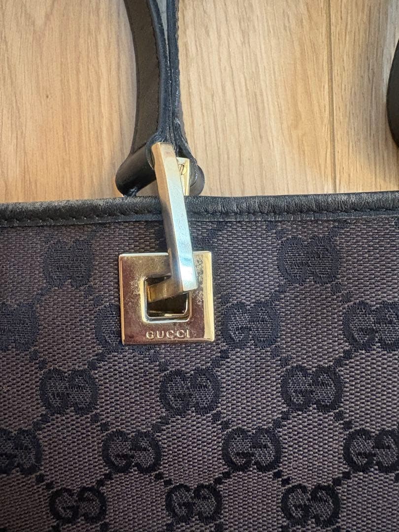 GUCCI GG Tote Hand Bag Leather Canvas Dark Brown Black Gold Hardware From Japan