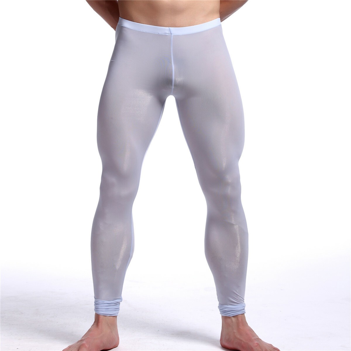 Men SexyLingerie Ice Silk Thin Long Johns Pants Leggings Sleepwear Underwear GYM