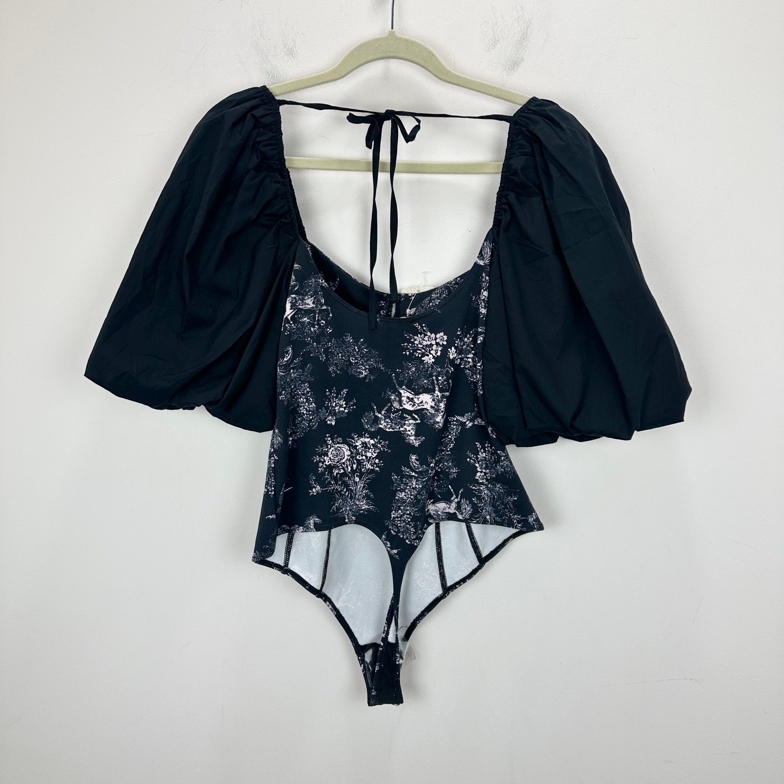 Free People Prarie Rose Puff Sleeve Bodysuit Black Coquette Romantic Large NWT