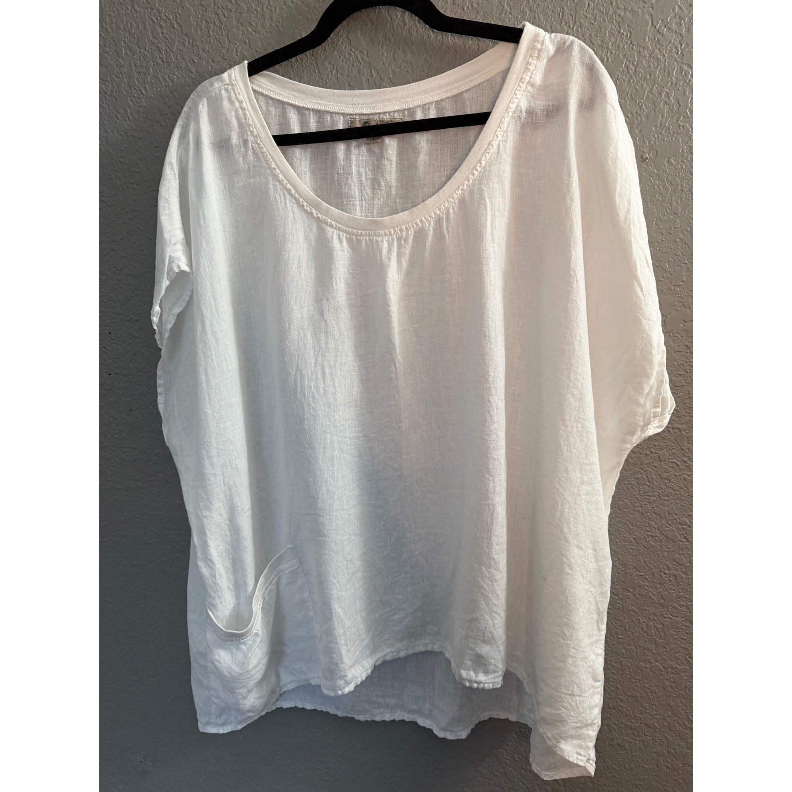 Flax White Boxy Linen Blouse L Pocket Lagenlook White Oversized Summer Beach