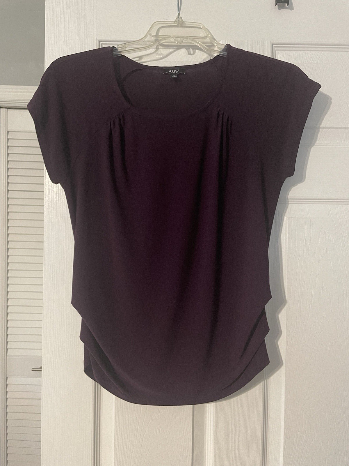 A.U.W Dark Purple Pleated Round Neck Cap Sleeve Chiffon Blouse Small-0665